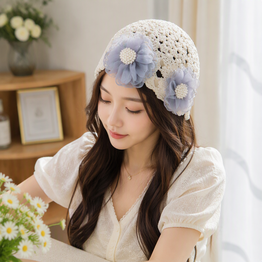 Hand-woven fashionable hat accessories featuring multi-color crochet hats with gauze flower decorations and model headwear details Picture