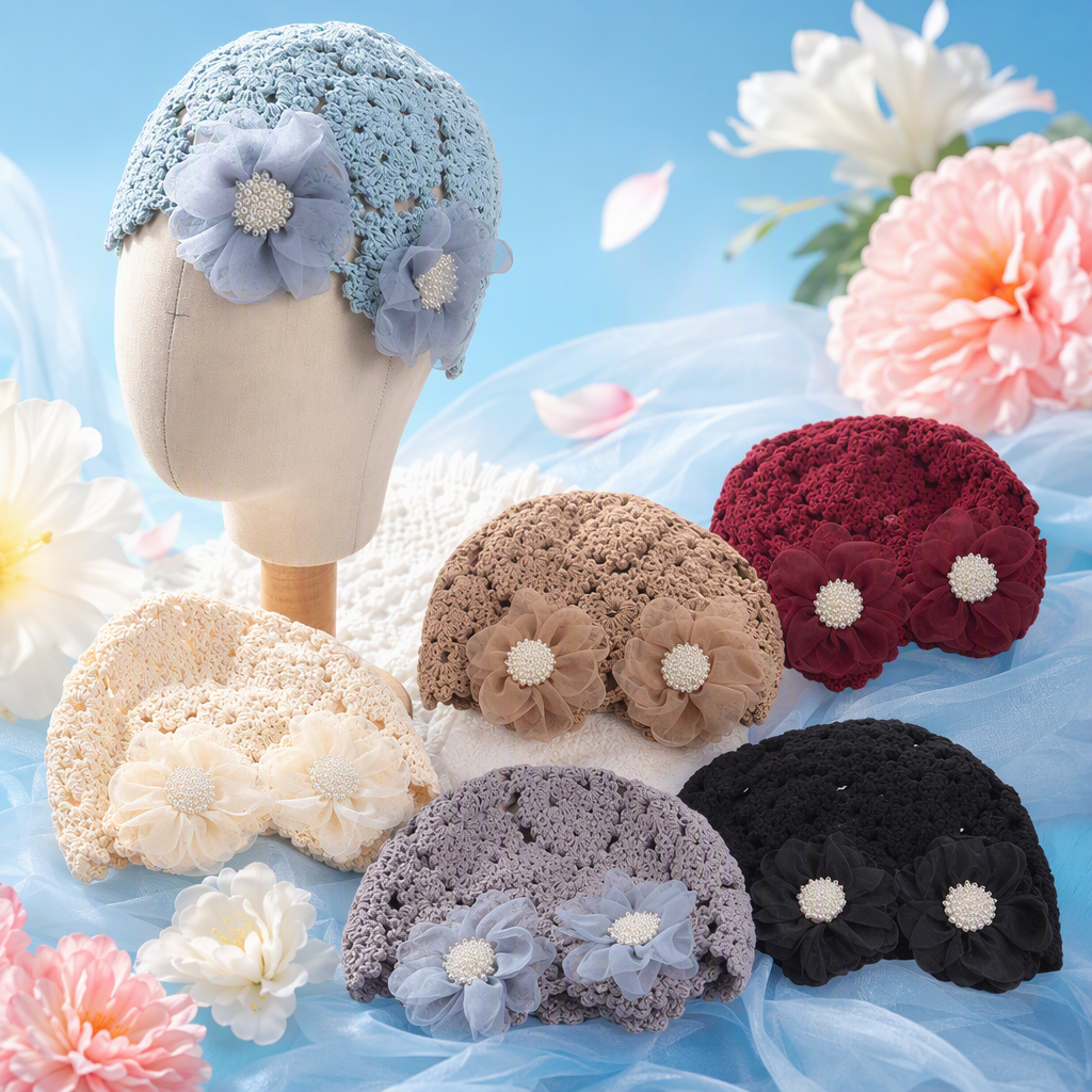 Hand-woven fashionable hat accessories featuring multi-color crochet hats with gauze flower decorations and model headwear Specification image