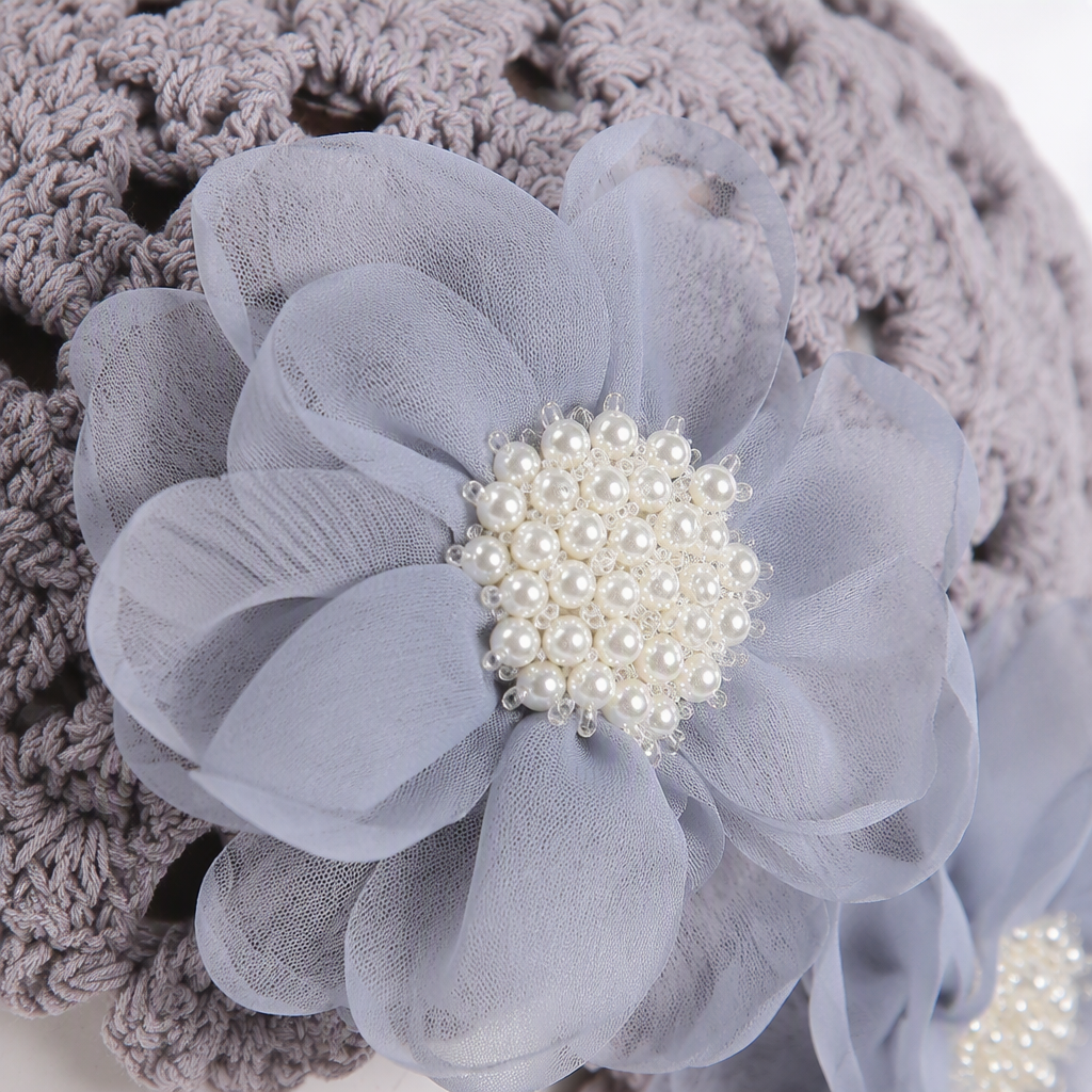 Hand-woven fashionable hat accessories featuring multi-color crochet hats with gauze flower decorations and model headwear Application Scenario
