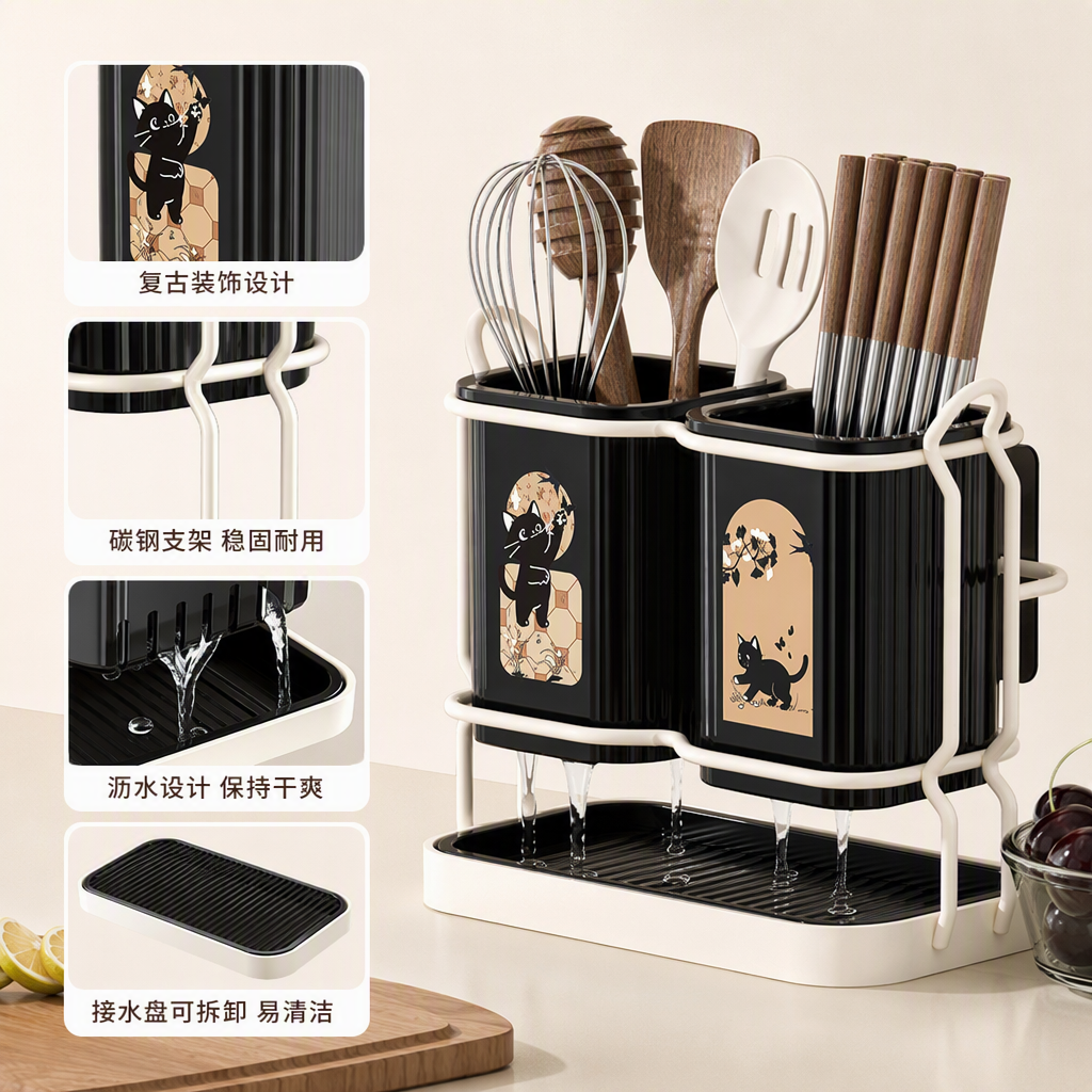 The creative cat pattern black and white chopstick rack, draining bucket and kitchenware storage rack are simple and practical