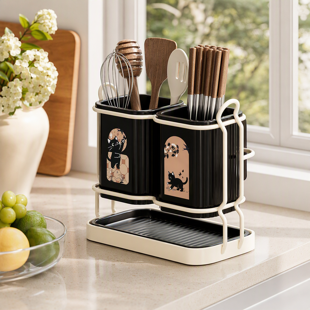 The creative cat pattern black and white chopstick rack, draining bucket and kitchenware storage rack are simple and practical details Picture