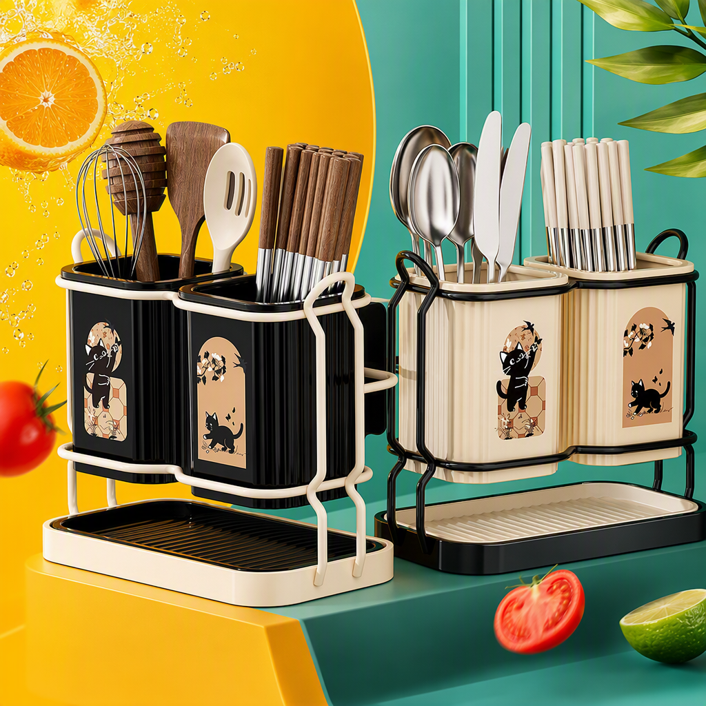 The creative cat pattern black and white chopstick rack, draining bucket and kitchenware storage rack are simple and practical Specification image