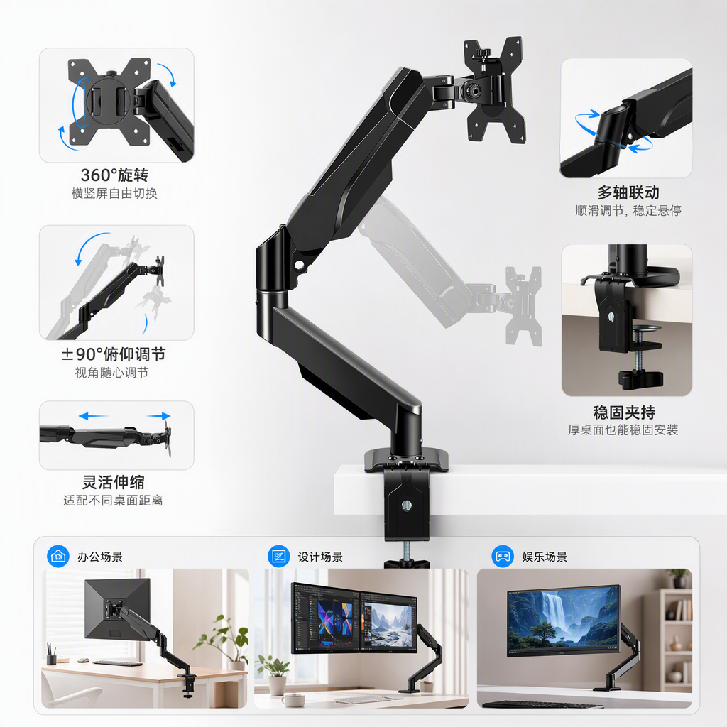多功能人体工学黑色显示器支架桌面升降调节电脑支架办公桌配件