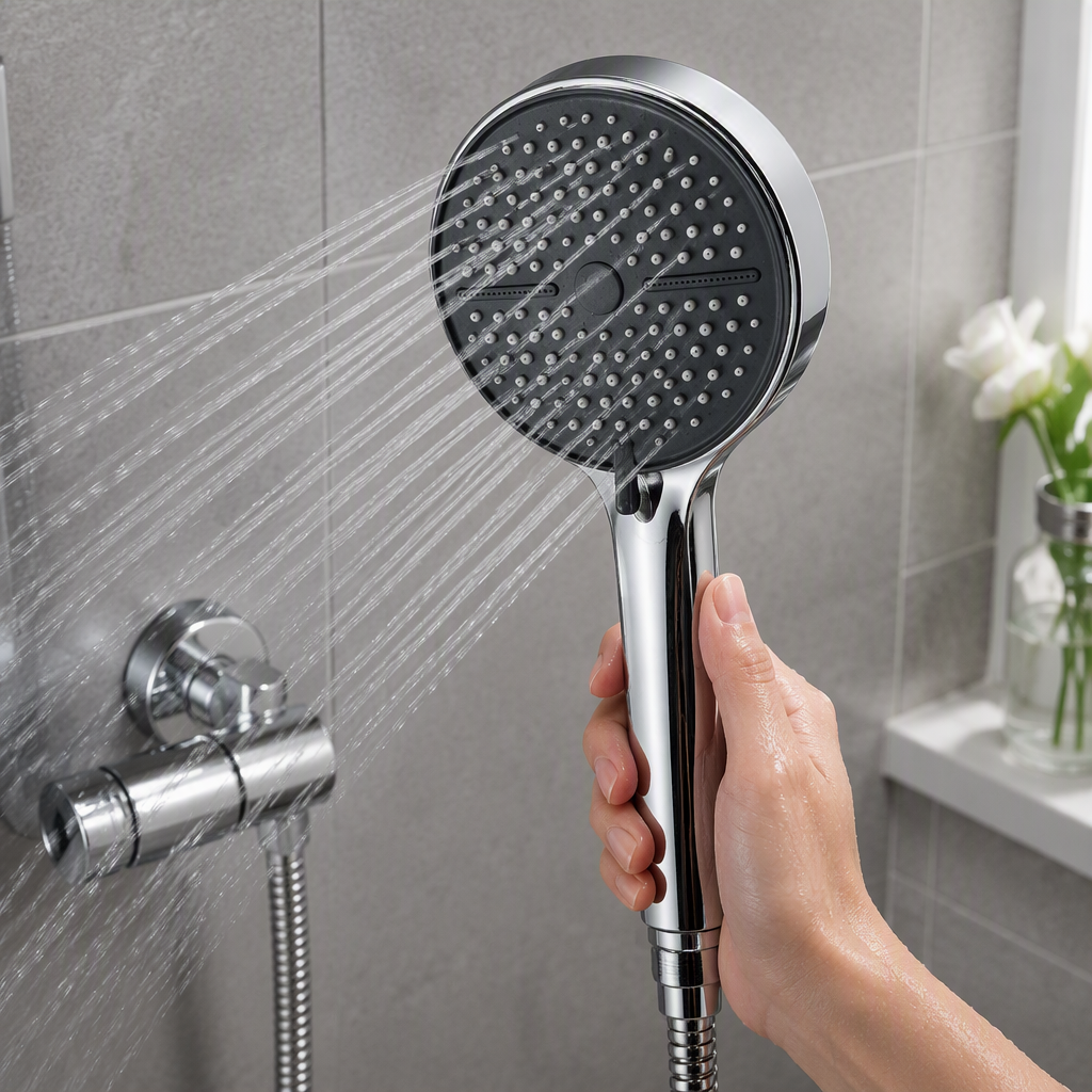 High-end black shower head set with silver handle metal hose multi-functional accessory bathroom shower set details Picture