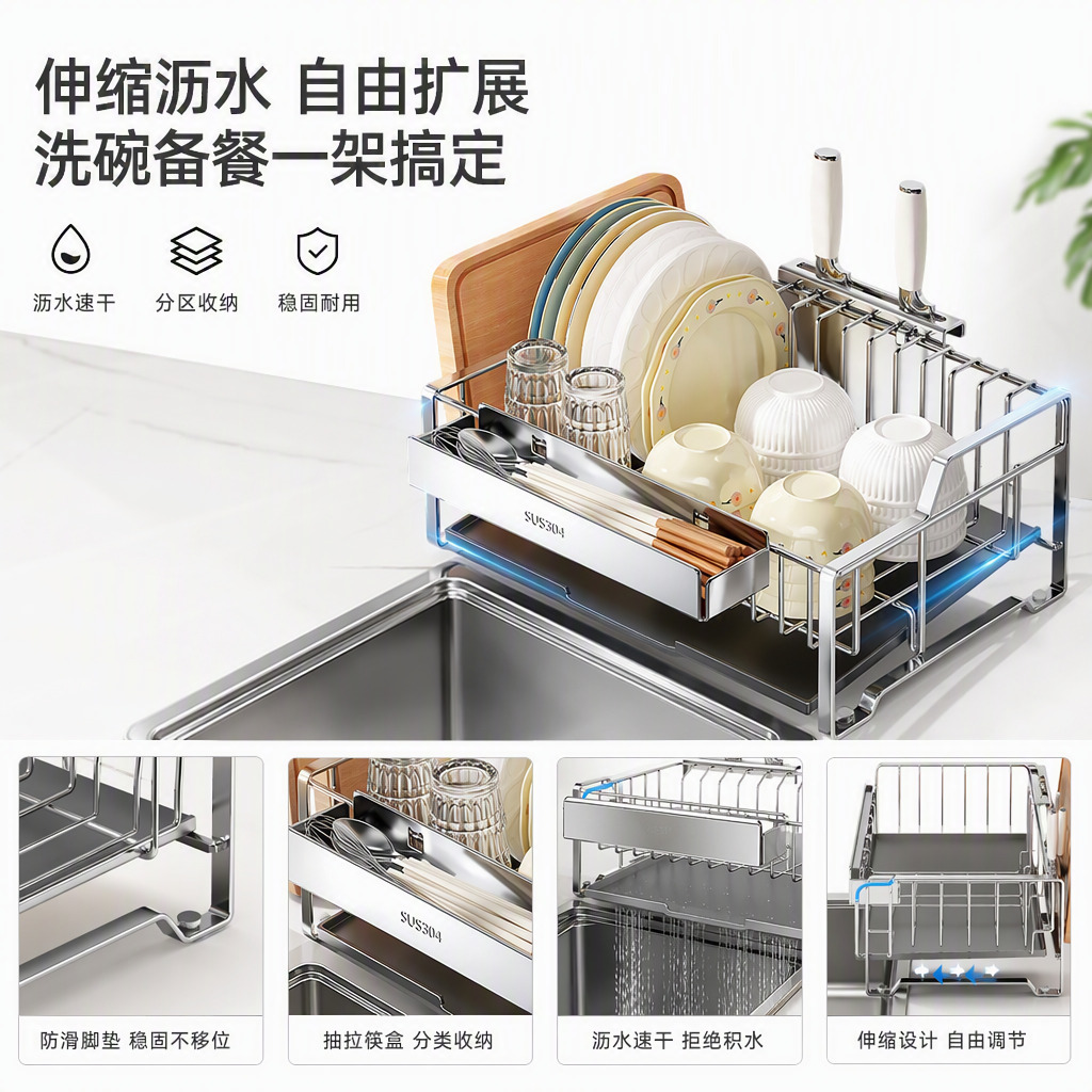 不锈钢多功能沥水架餐具收纳架厨房用品置物架干湿分离厨房收纳神器