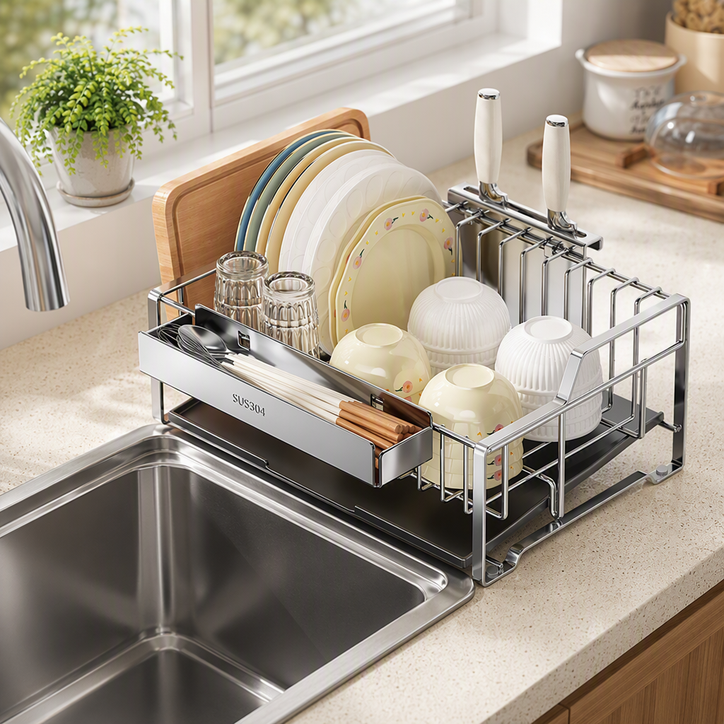 Stainless steel multi-functional draining rack, tableware storage rack, kitchenware shelving rack, dry-wet separation kitchen storage wonder details Picture