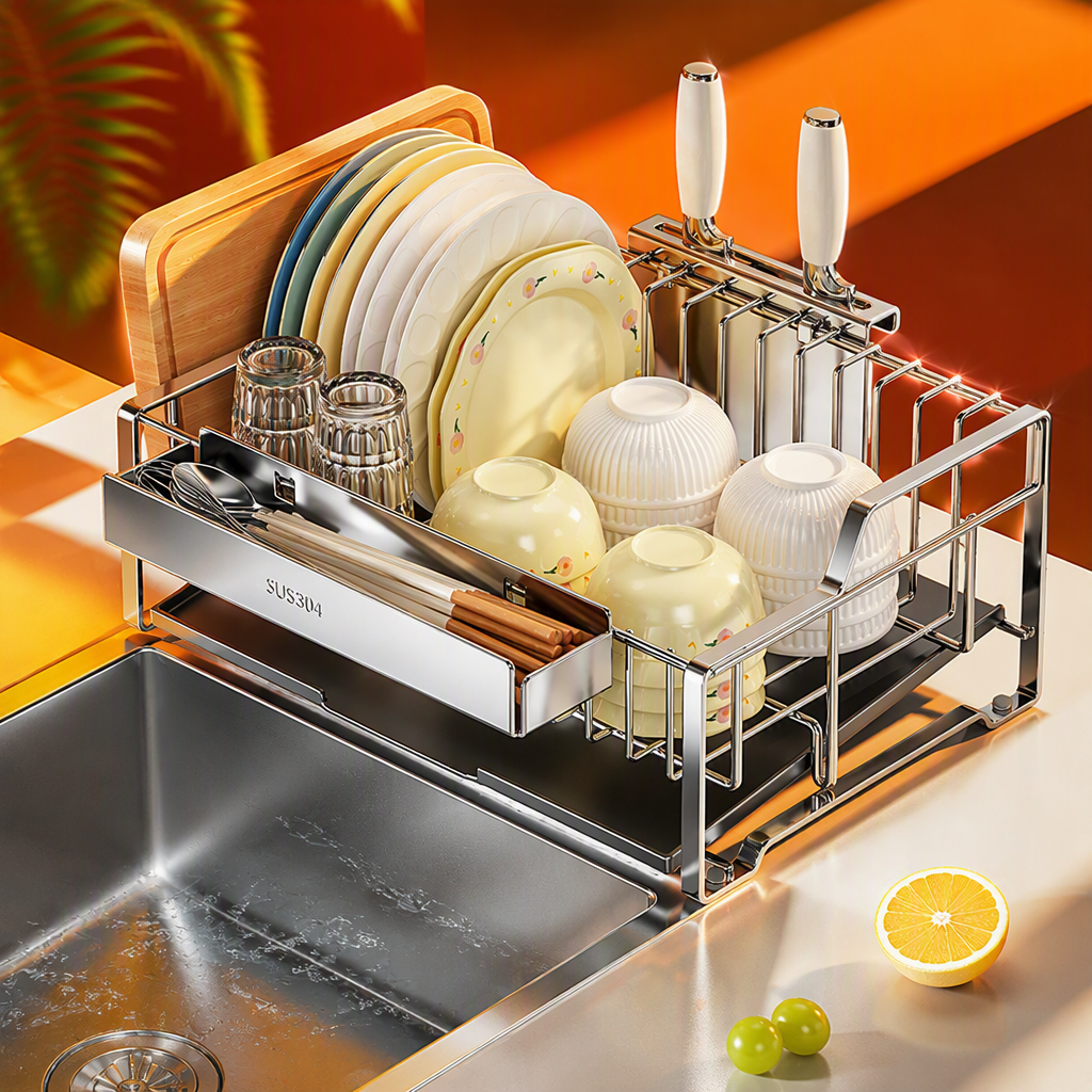 Stainless steel multi-functional draining rack, tableware storage rack, kitchenware shelving rack, dry-wet separation kitchen storage wonder Specification image