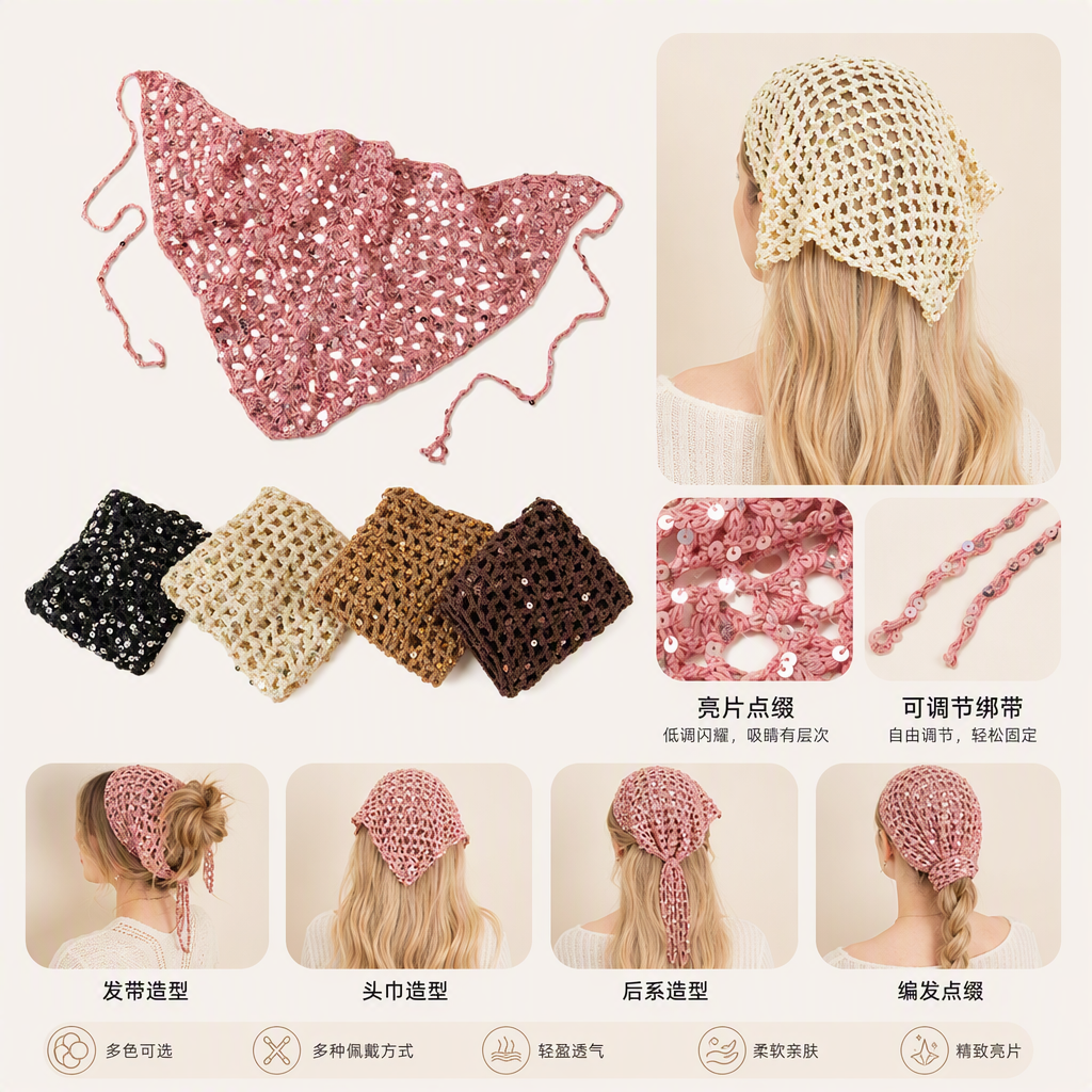 A fashionable spring and autumn thin women's hat with hollowed-out, hand-stitched sequined triangular scarf, waistband and cotton thread headscarf
