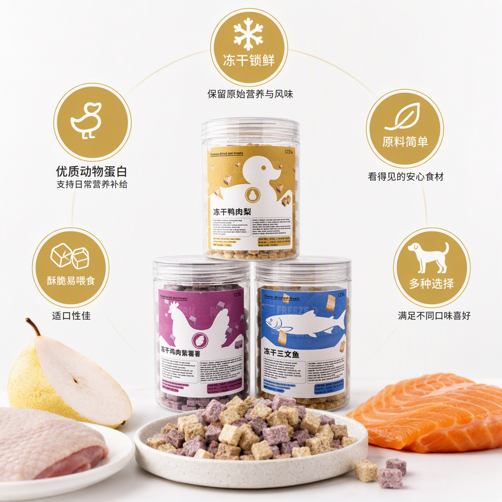 Three-can set of pet freeze-dried snacks: duck meat, pear, chicken, purple sweet potato, salmon chunks. Sealed plastic cans. Customized freeze-dried wholesale of pet snacks Specification image