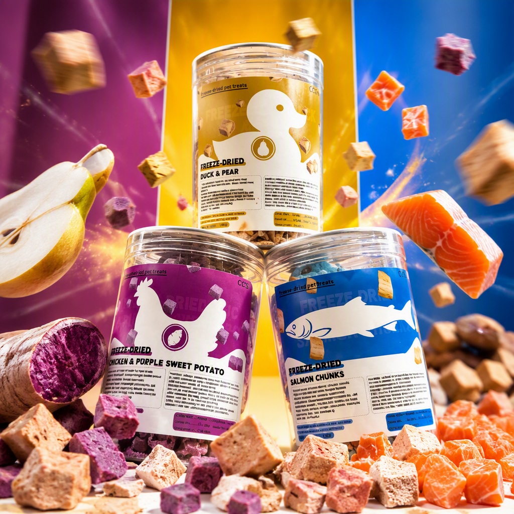 Three-can set of pet freeze-dried snacks: duck meat, pear, chicken, purple sweet potato, salmon chunks. Sealed plastic cans. Customized freeze-dried wholesale of pet snacks