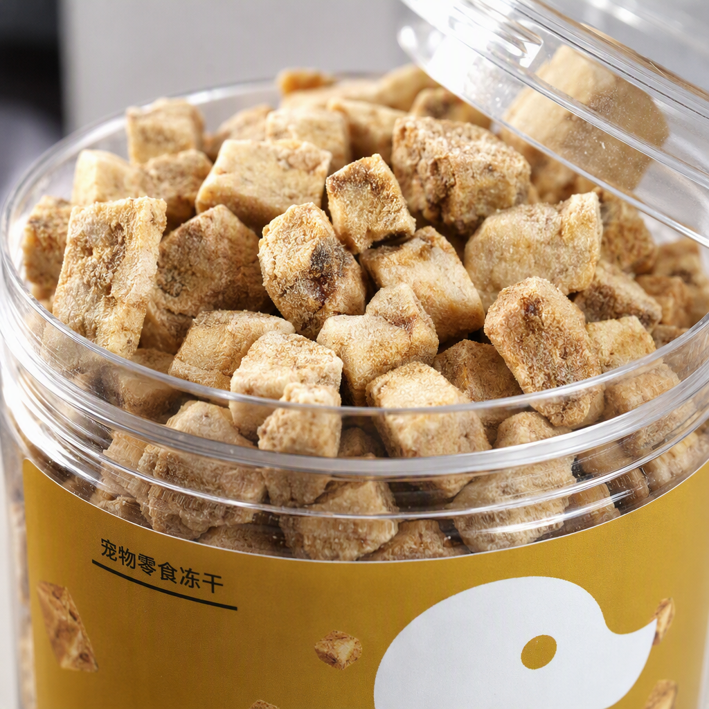 Three-can set of pet freeze-dried snacks: duck meat, pear, chicken, purple sweet potato, salmon chunks. Sealed plastic cans. Customized freeze-dried wholesale of pet snacks Application Scenario
