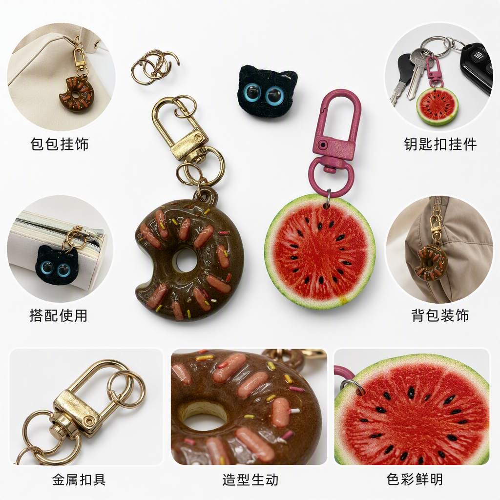 黑色毛绒猫眼挂件巧克力甜甜圈钥匙扣金色粉色金属扣饰品配件
