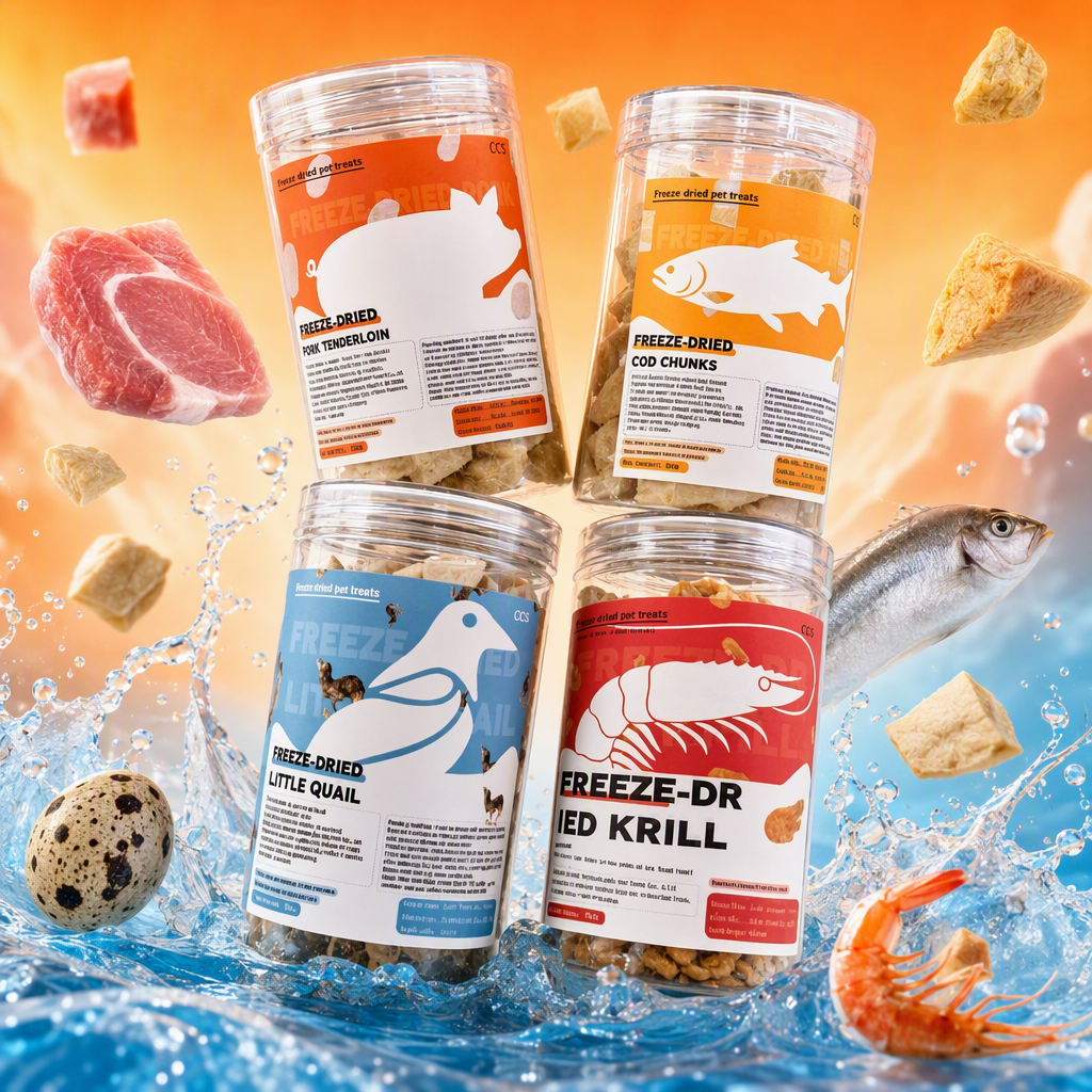 Delicious canned pet snacks for dogs and cats, with a variety of flavors and balanced nutrition. Canned pet snacks include pork tenderloin, dried krill, quail, freeze-dried cod, and dried blocks Specification image