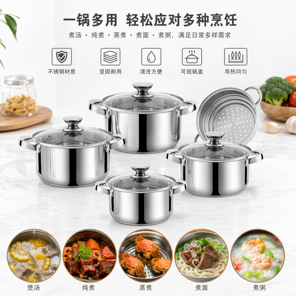Heat-resistant stainless steel cookware set, multi-purpose stewing, cooking and stir-frying pot for family kitchen, practical and durable HR181-1