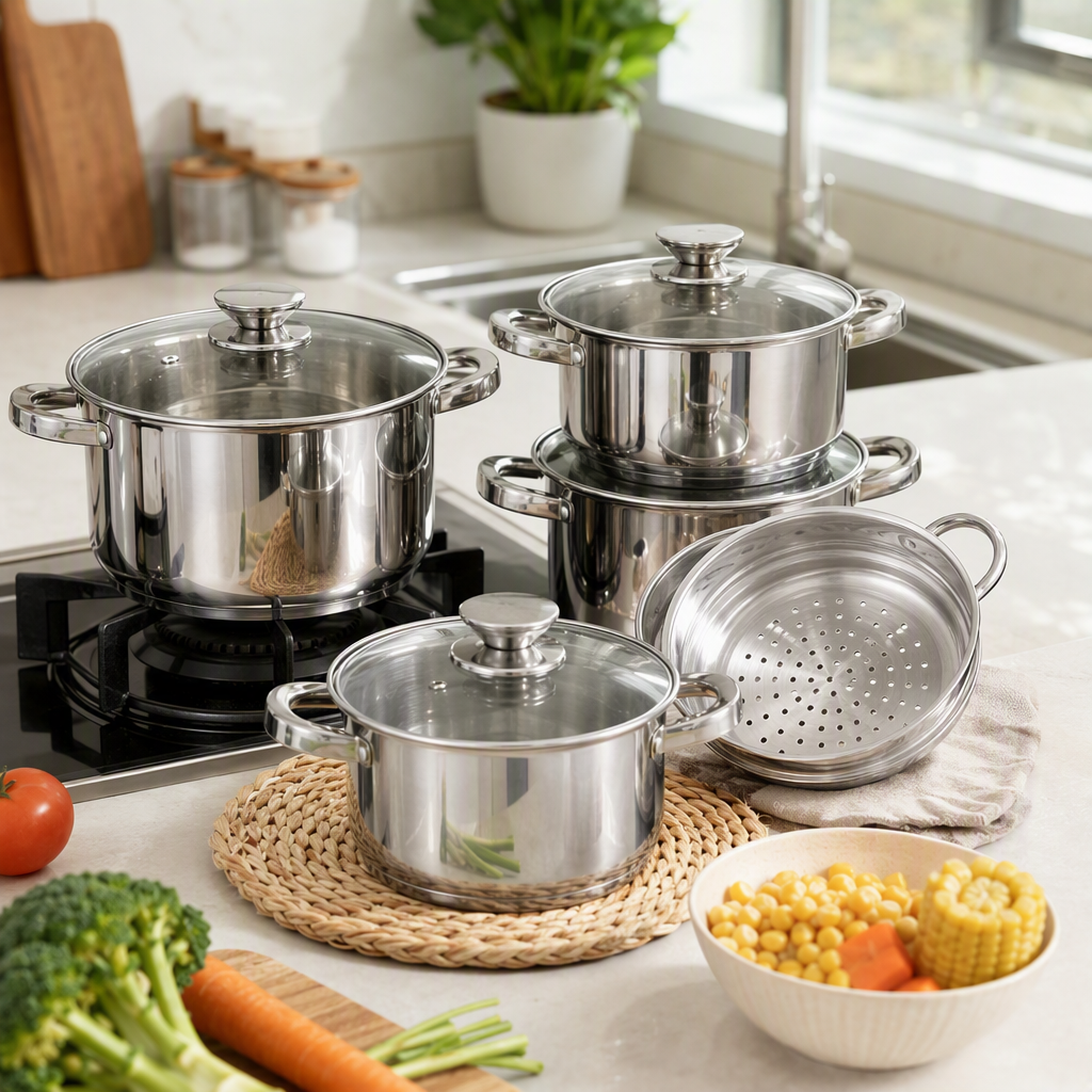 Heat-resistant stainless steel cookware set, multi-purpose stewing, cooking and stir-frying pot for family kitchen, practical and durable HR181-1 Application Scenario