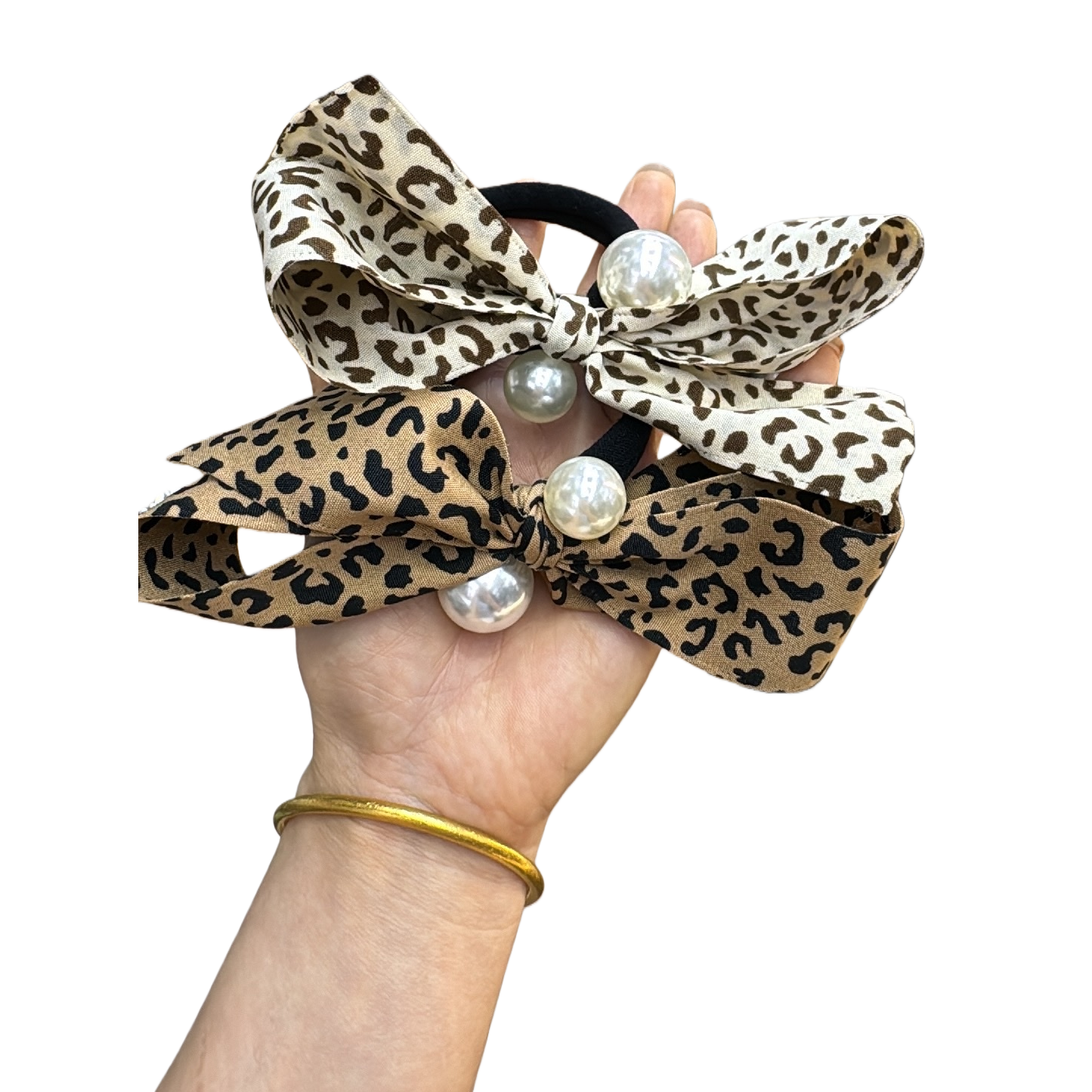 Two fashionable leopard print bow hair bands with pearl design, versatile hair accessories and trendy hair clips Item Picture