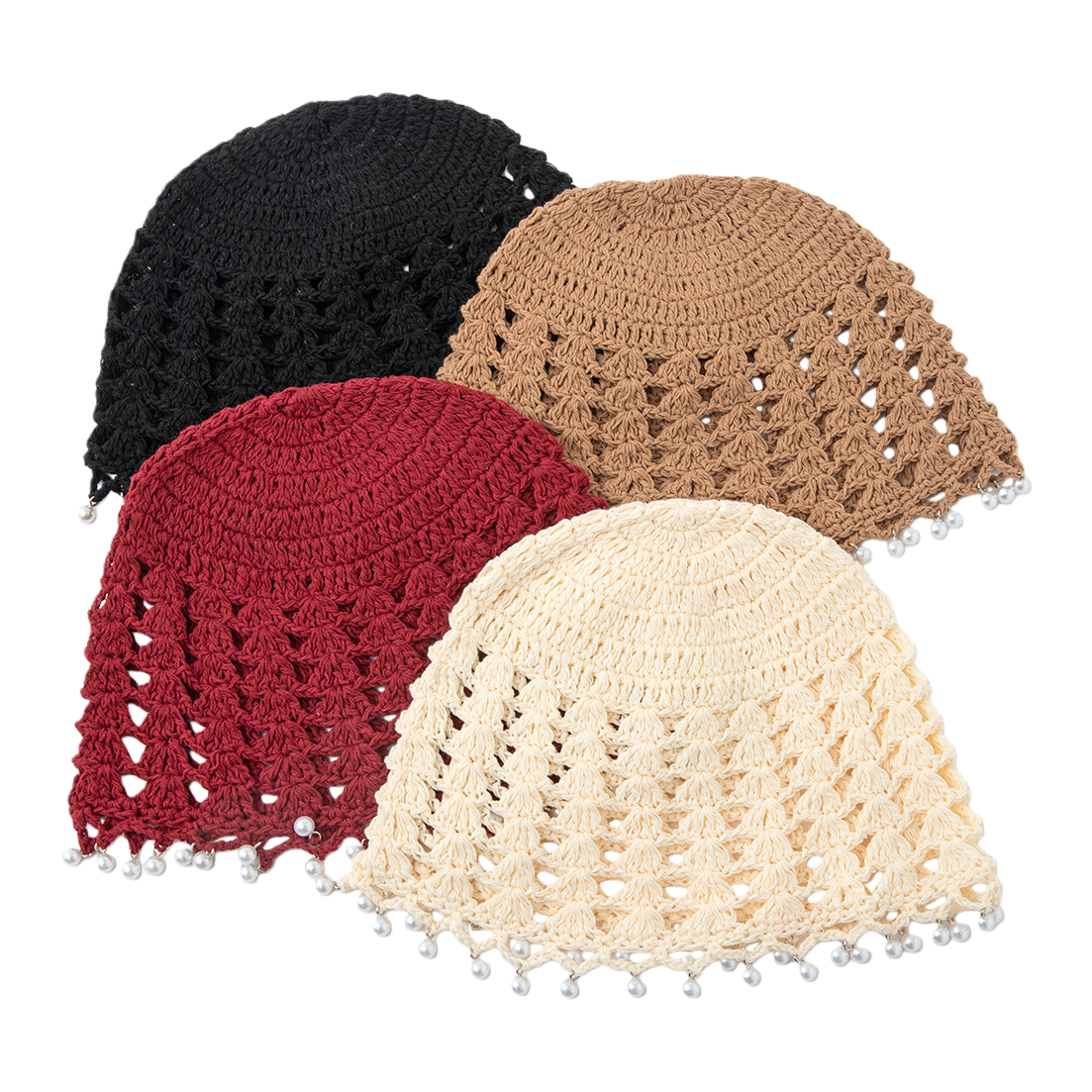 Four-color crochet hat with pearl trim is a warm and fashionable women's hat for autumn and winter, which is trendy and versatile Item Picture