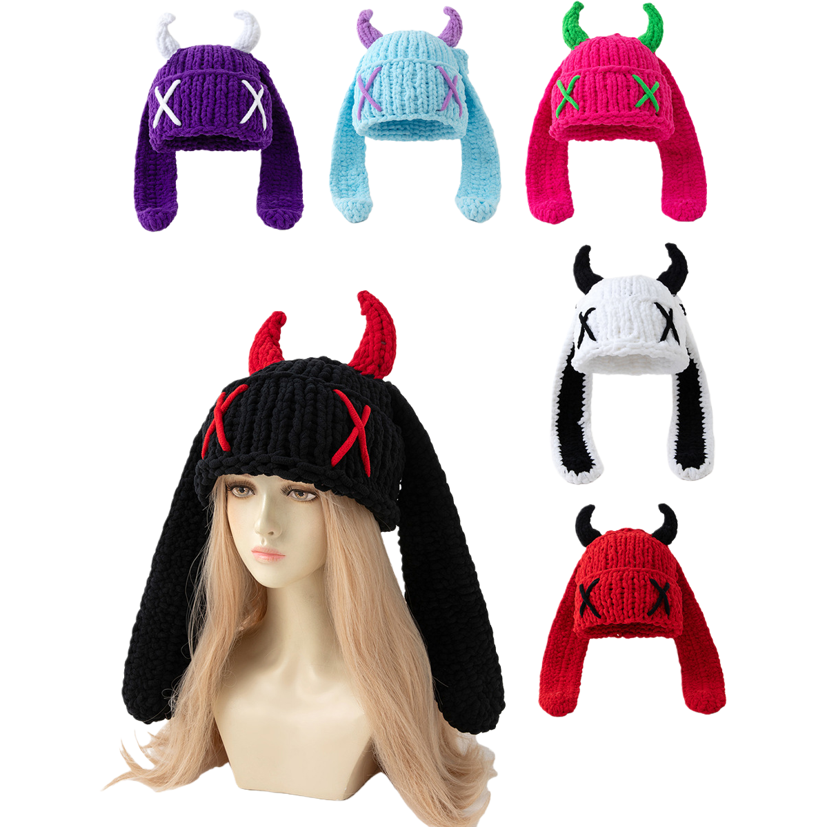 Colorful knitted devil horn hat, a trendy and warm winter hat, a cute and versatile choice for both children and adults Item Picture