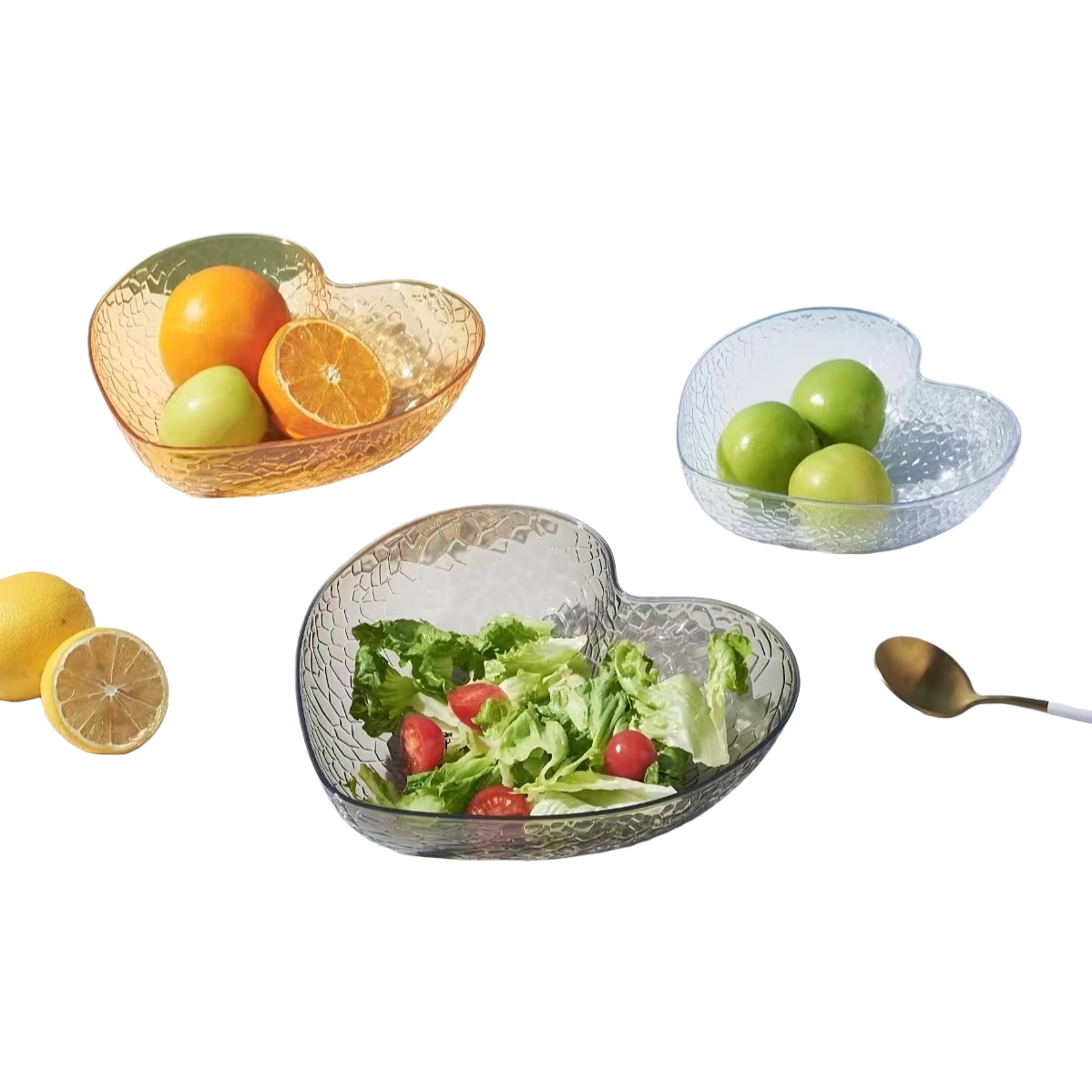 Corazón cuenco de cristal ensalada plato naranja manzana verde limón rodajas oro cuchara decoración de mesa decoración creativa Item Picture