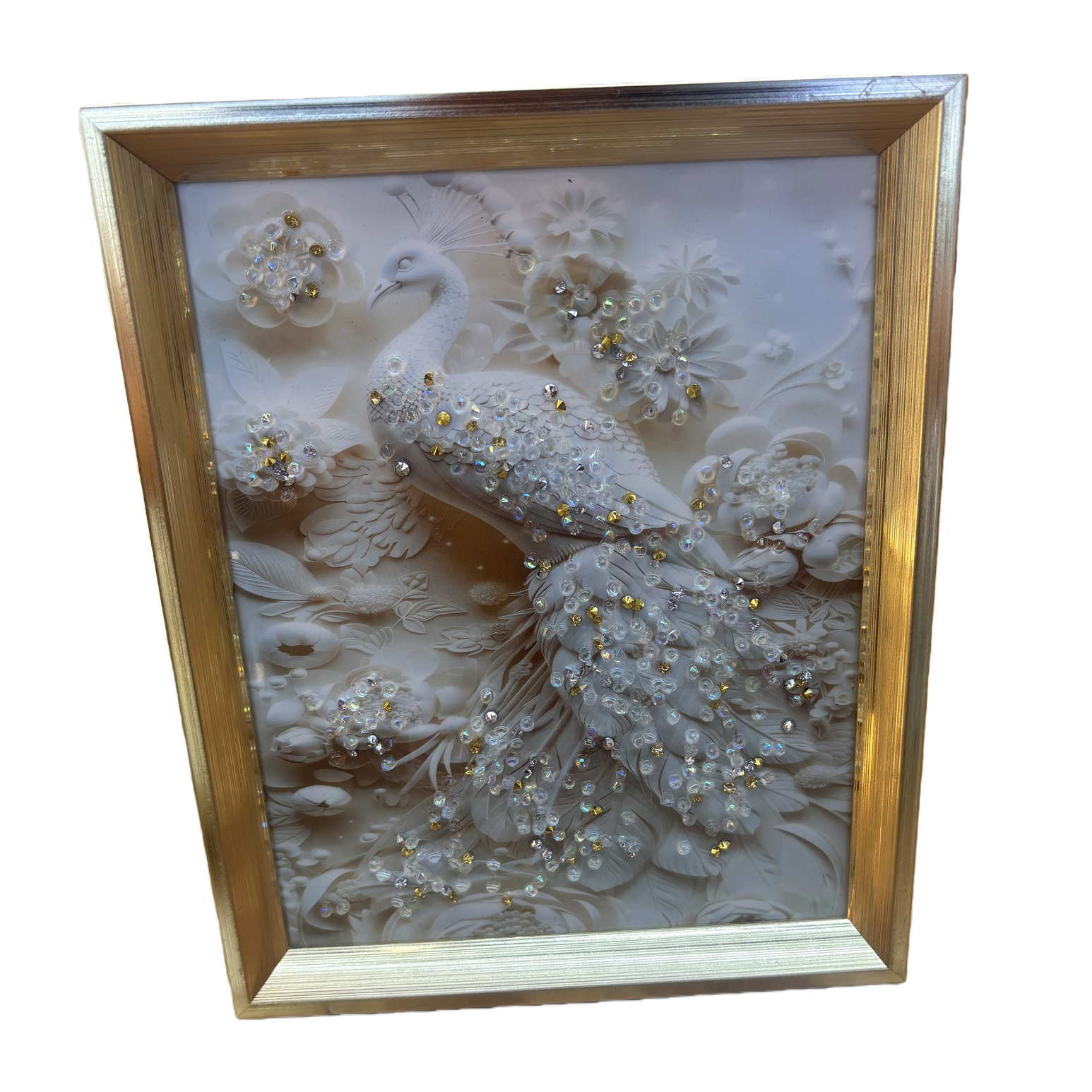 金色边框装饰画+孔雀花卉浮雕画白底实物图