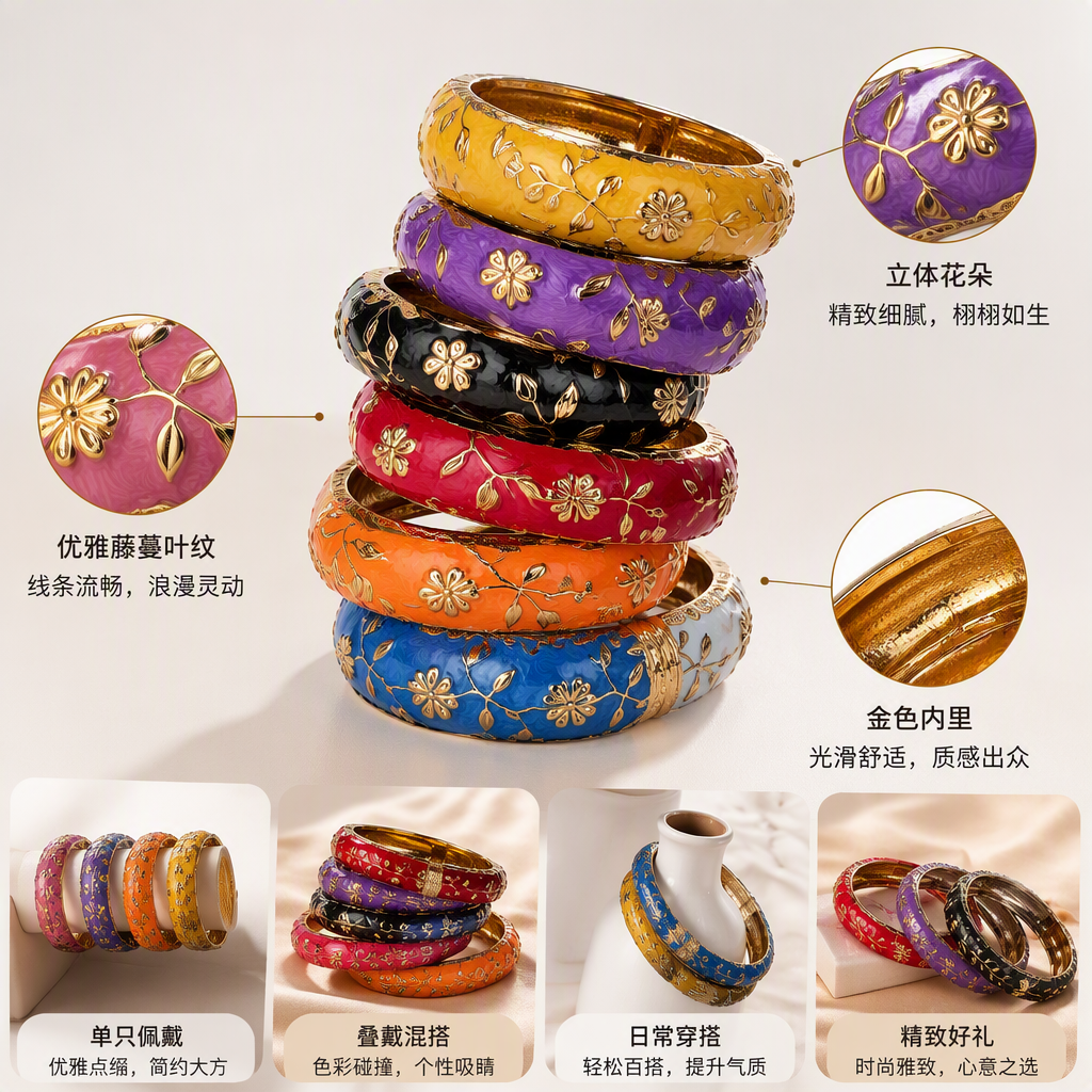 彩色珐琅花叶纹手镯时尚百搭手饰精美手链女士礼品赠品