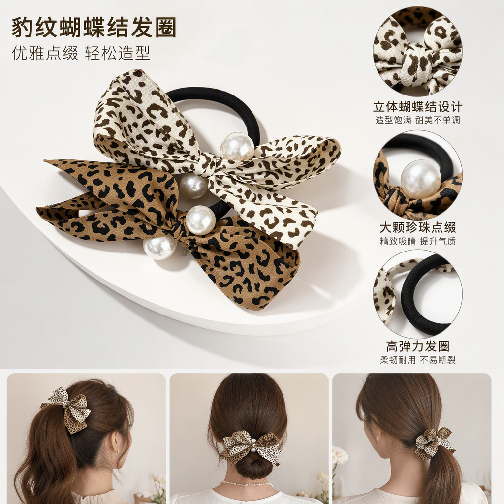 Two fashionable leopard print bow hair bands with pearl design, versatile hair accessories and trendy hair clips