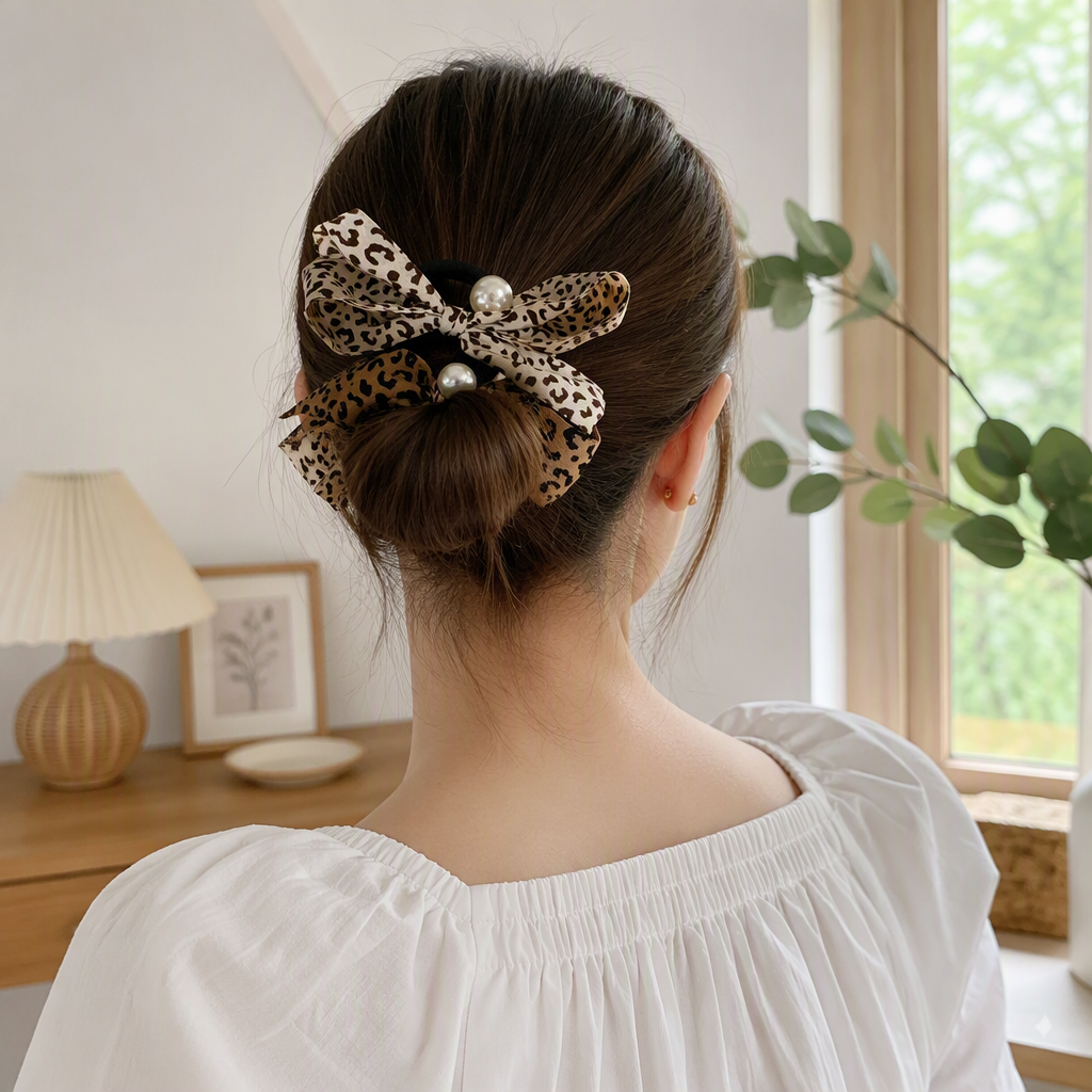 Two fashionable leopard print bow hair bands with pearl design, versatile hair accessories and trendy hair clips details Picture