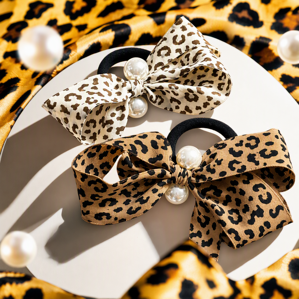 Two fashionable leopard print bow hair bands with pearl design, versatile hair accessories and trendy hair clips Specification image