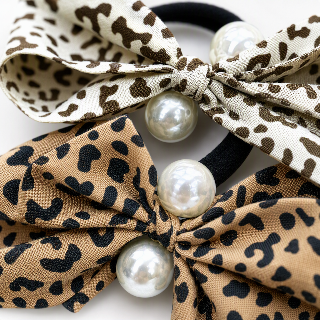 Two fashionable leopard print bow hair bands with pearl design, versatile hair accessories and trendy hair clips Application Scenario