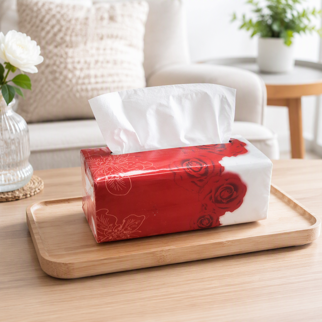 Creative red rose-patterned tissue box, fashionable household portable pull-out desktop decoration gift packaging details Picture