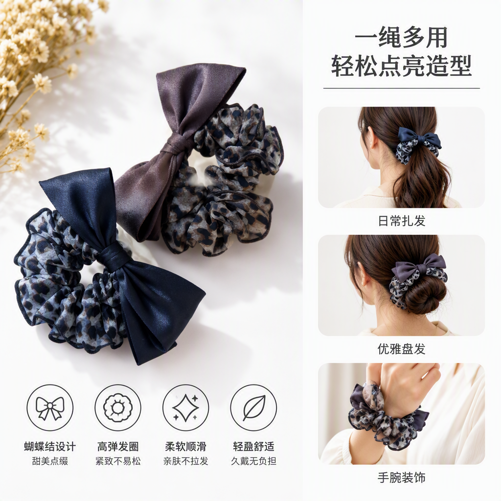 The fashionable bow hair band and leopard print gold button hair accessory set is suitable for daily hair accessory matching