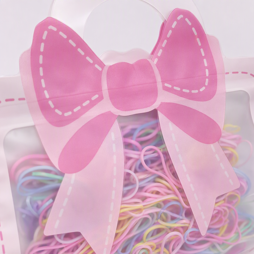 Colorful rubber bands, pink bow packaging, creative stationery, elastic rubber bands, hair ties, hair accessories, decorative items Application Scenario