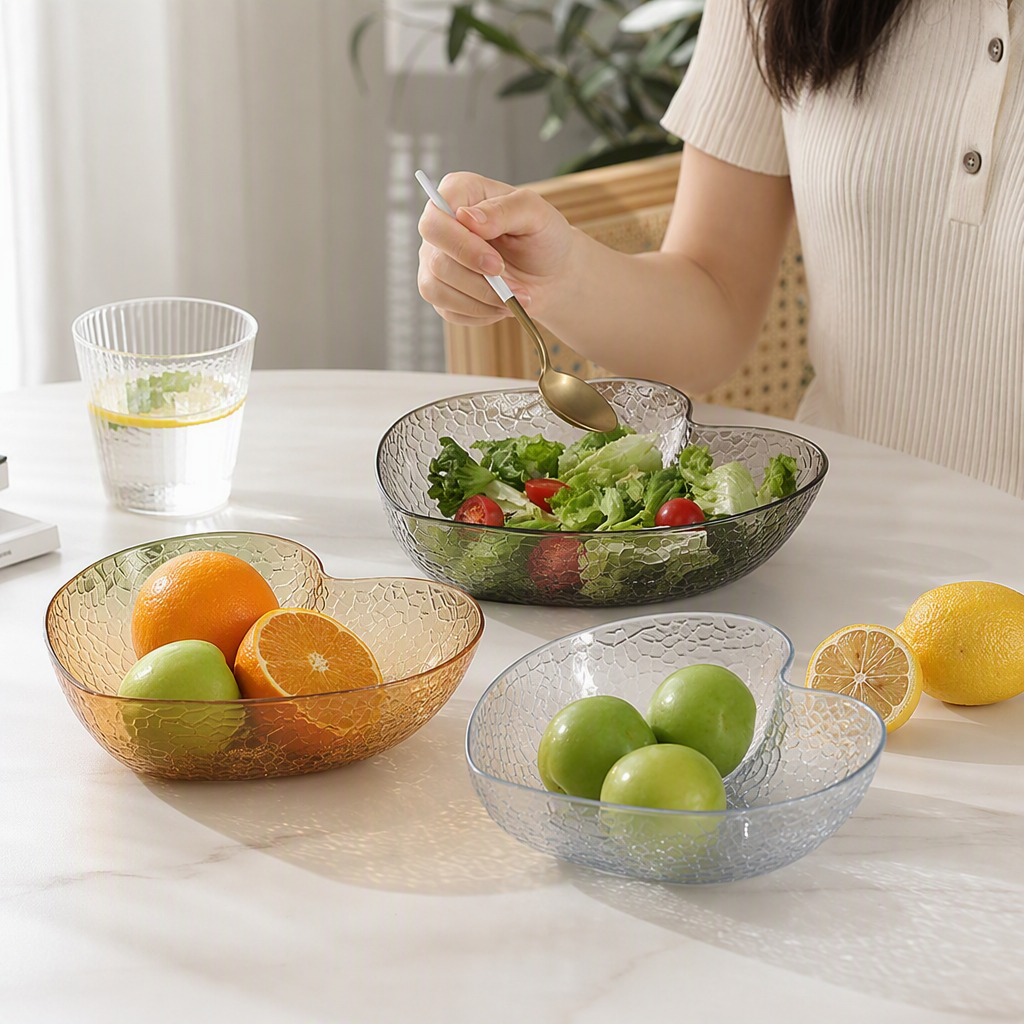 Corazón cuenco de cristal ensalada plato naranja manzana verde limón rodajas oro cuchara decoración de mesa decoración creativa details Picture