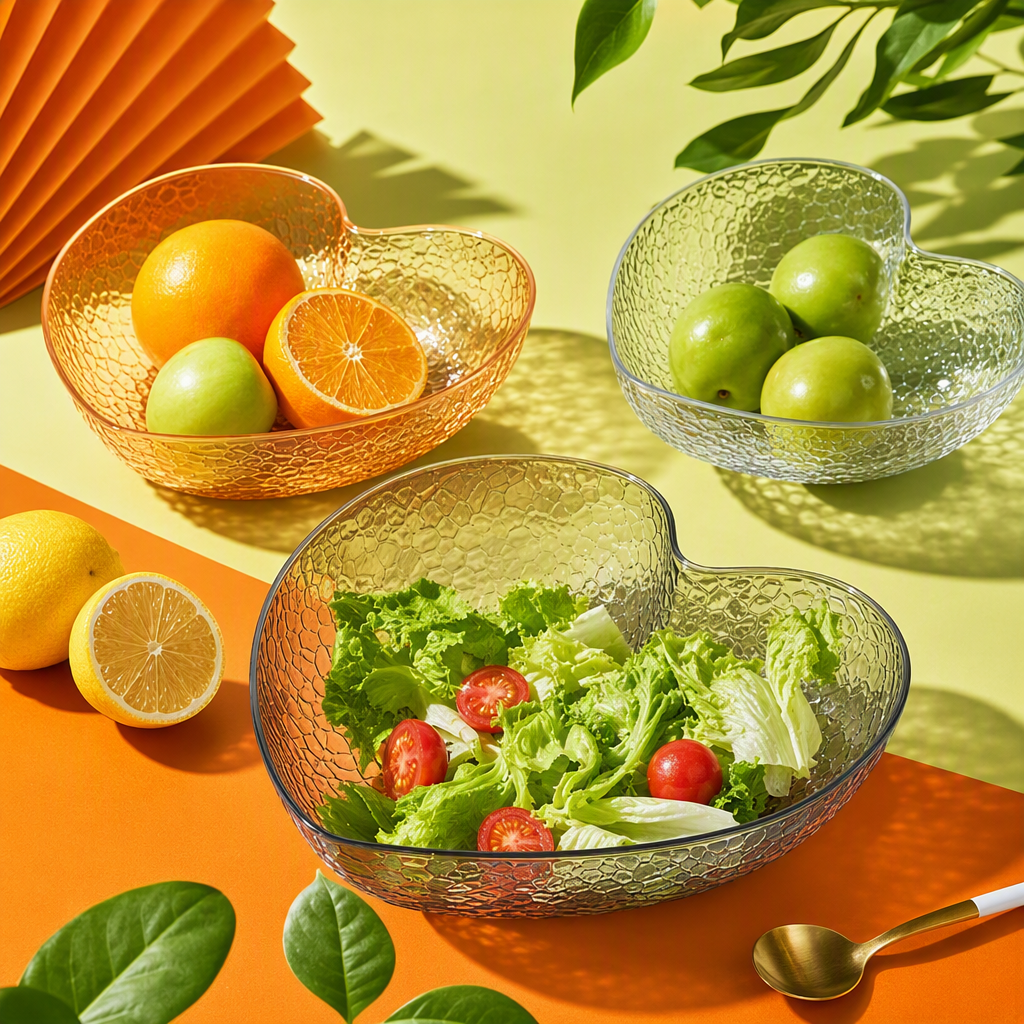 Corazón cuenco de cristal ensalada plato naranja manzana verde limón rodajas oro cuchara decoración de mesa decoración creativa Specification image