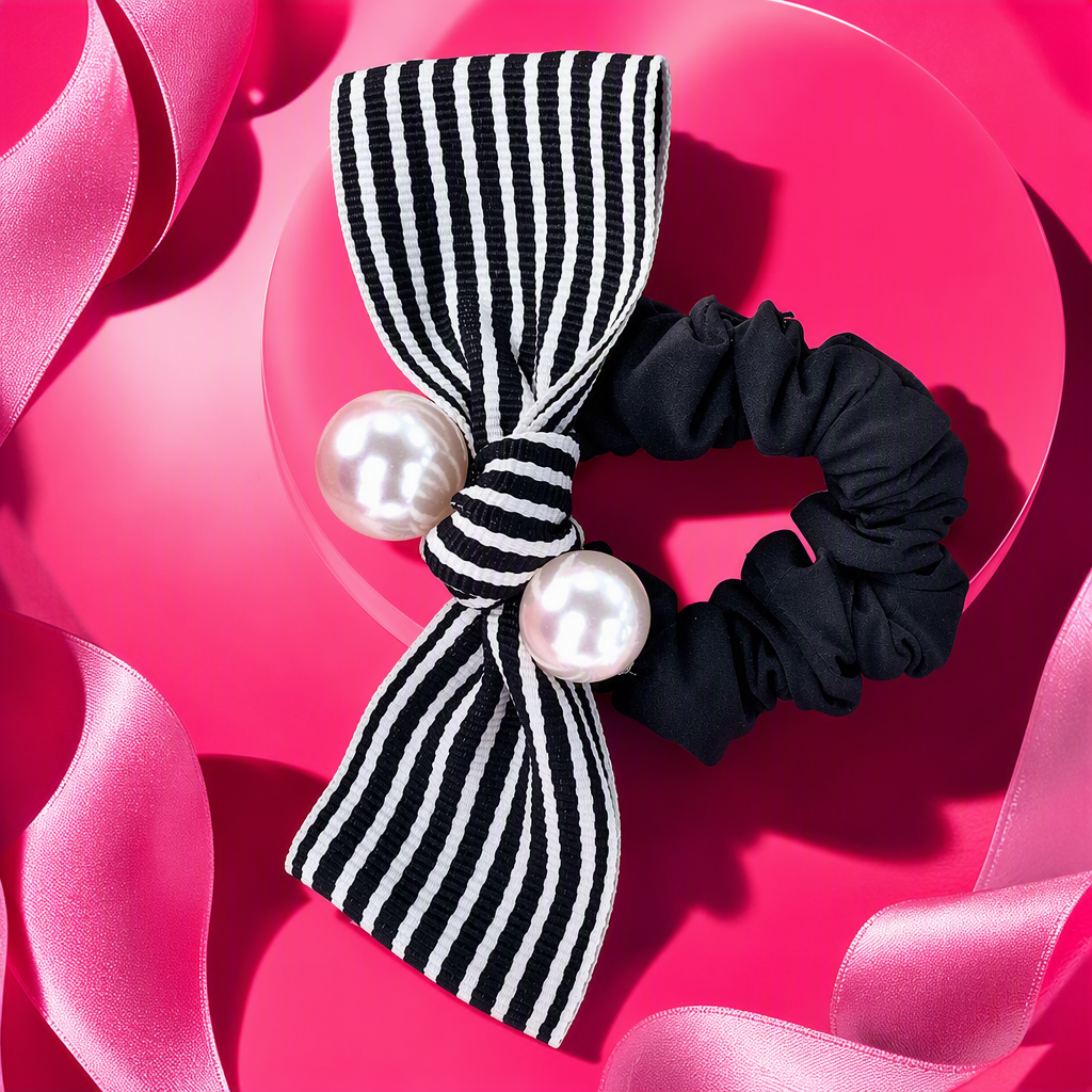 Black and white striped bow hair band, velvet pearl decoration, Korean-style cute hair accessory, headpiece, hair clip, simple and versatile for female students Specification image
