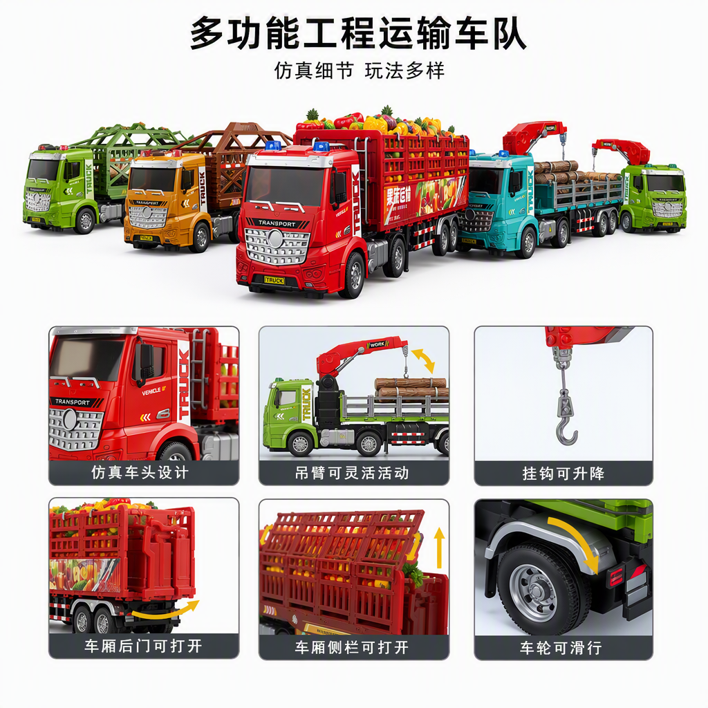 A variety of realistic colored toy truck combinations, wooden animal fruit transport vehicles, and children's educational toy sets