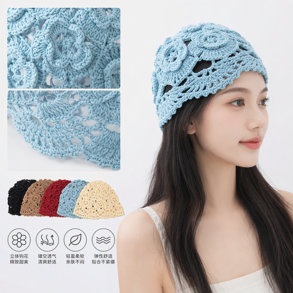 Five-color crochet flower hat hand-woven, a fashionable and versatile hat for women in spring and summer, and a trendy accessory