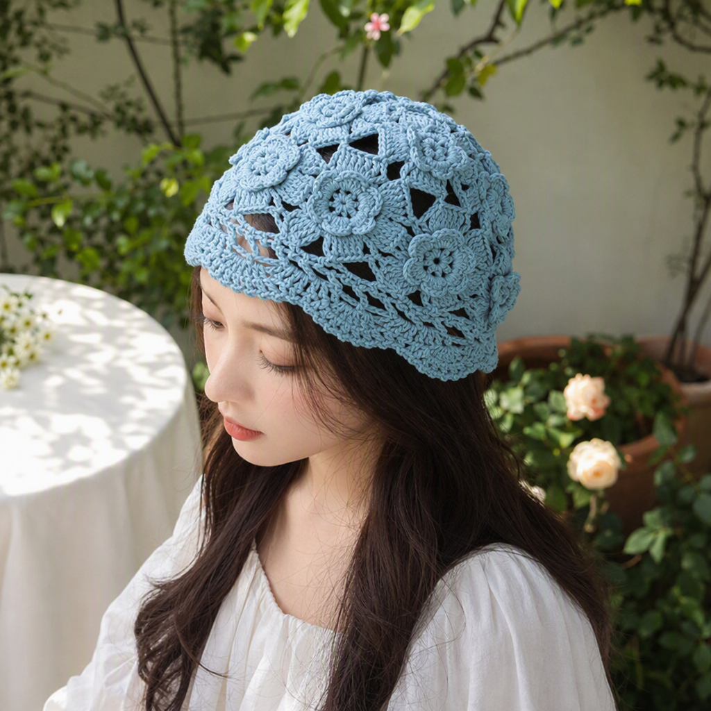 Five-color crochet flower hat hand-woven, a fashionable and versatile hat for women in spring and summer, and a trendy accessory details Picture