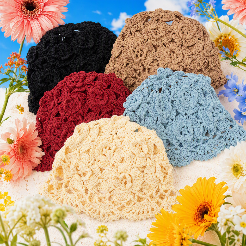 Five-color crochet flower hat hand-woven, a fashionable and versatile hat for women in spring and summer, and a trendy accessory Specification image