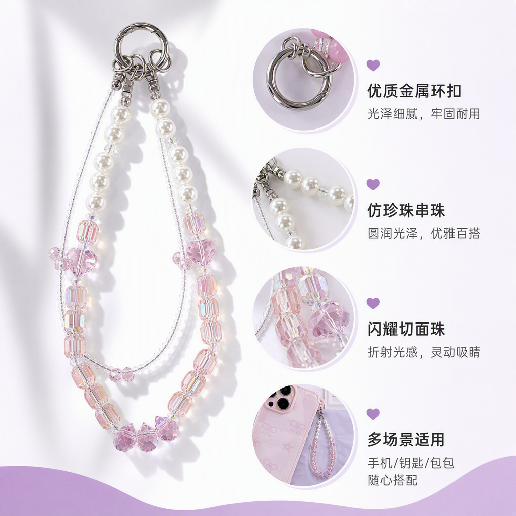 粉色水晶珍珠串饰挂件时尚优雅手工饰品礼品配件女款潮流百搭