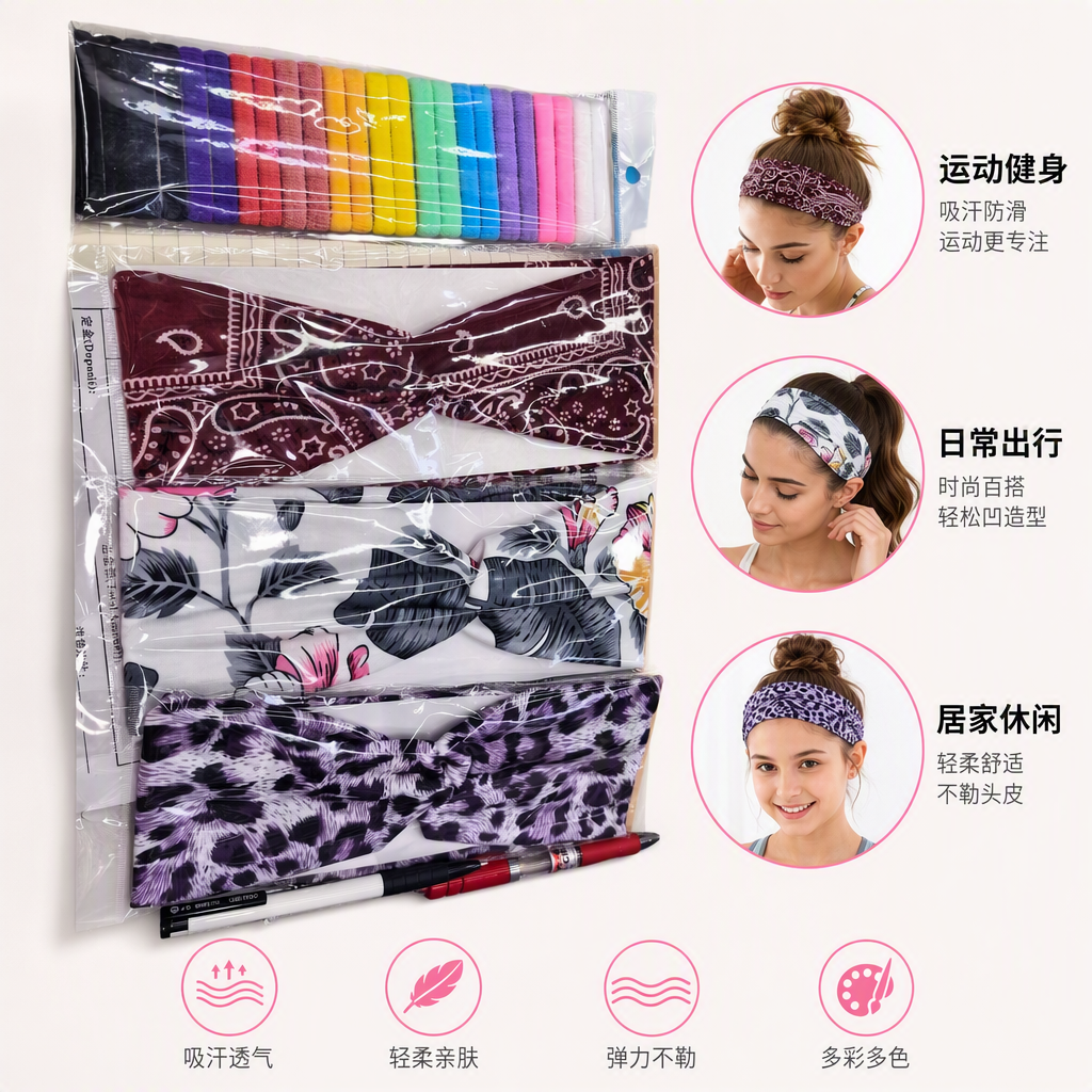 Colorful hair bands, wine red printed hair bands, floral patterns, purple and black panther print hair bands, and a variety of fashionable hair accessories to choose from