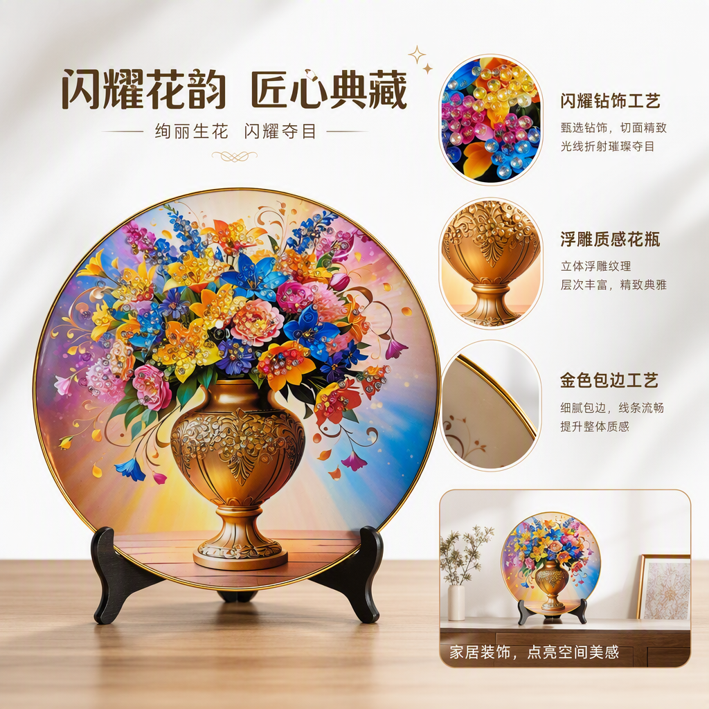 多彩花卉装饰盘创意家居摆件客厅餐桌装饰品艺术工艺品礼品