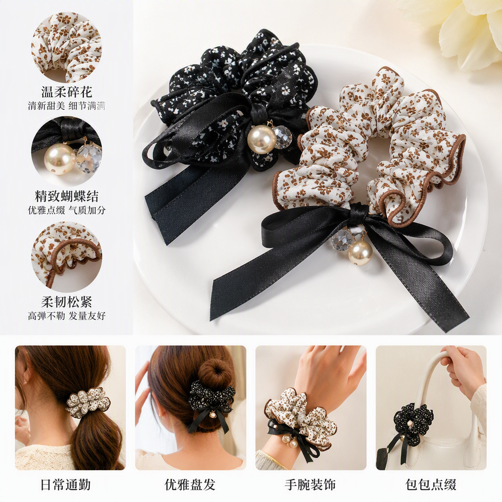 Black floral hair tie with pearl decoration, beige and brown floral hair tie, black ribbon, held on a wooden tray for display