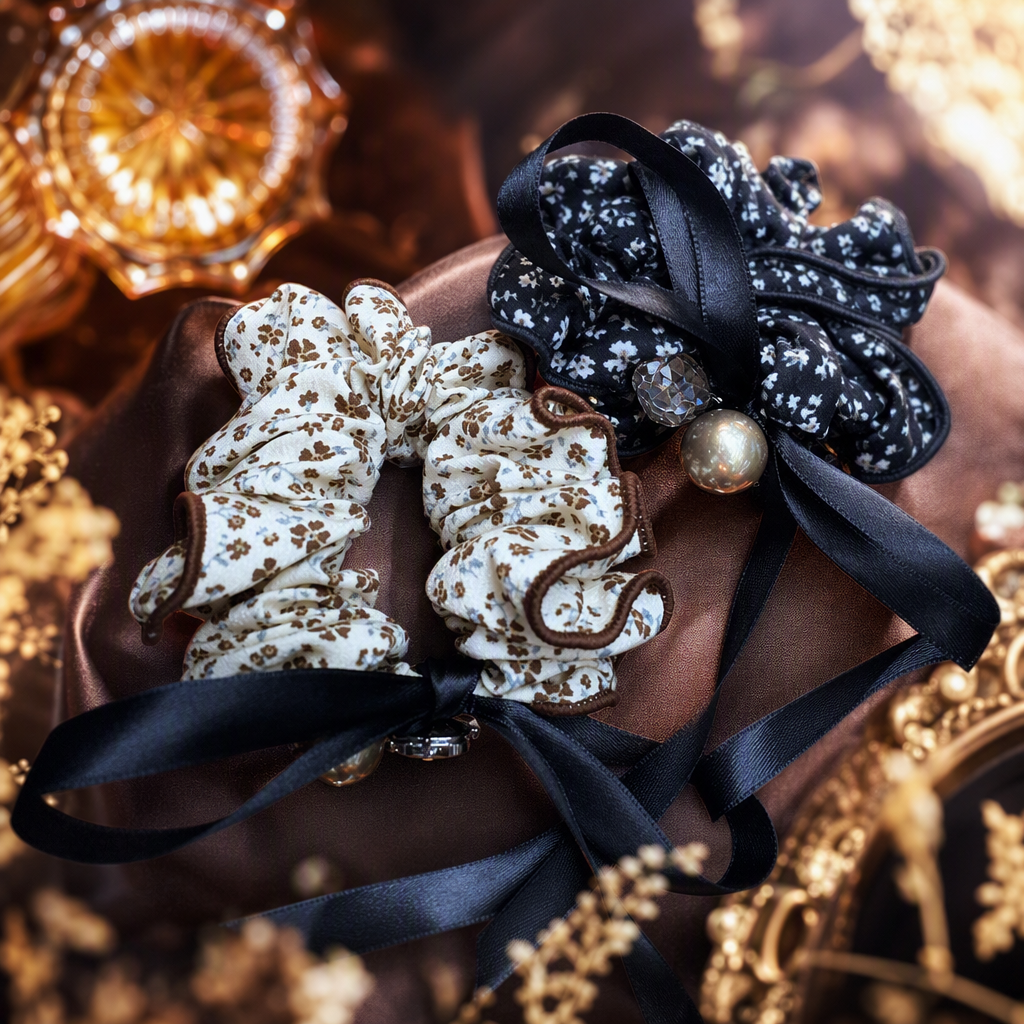 Black floral hair tie with pearl decoration, beige and brown floral hair tie, black ribbon, held on a wooden tray for display Specification image