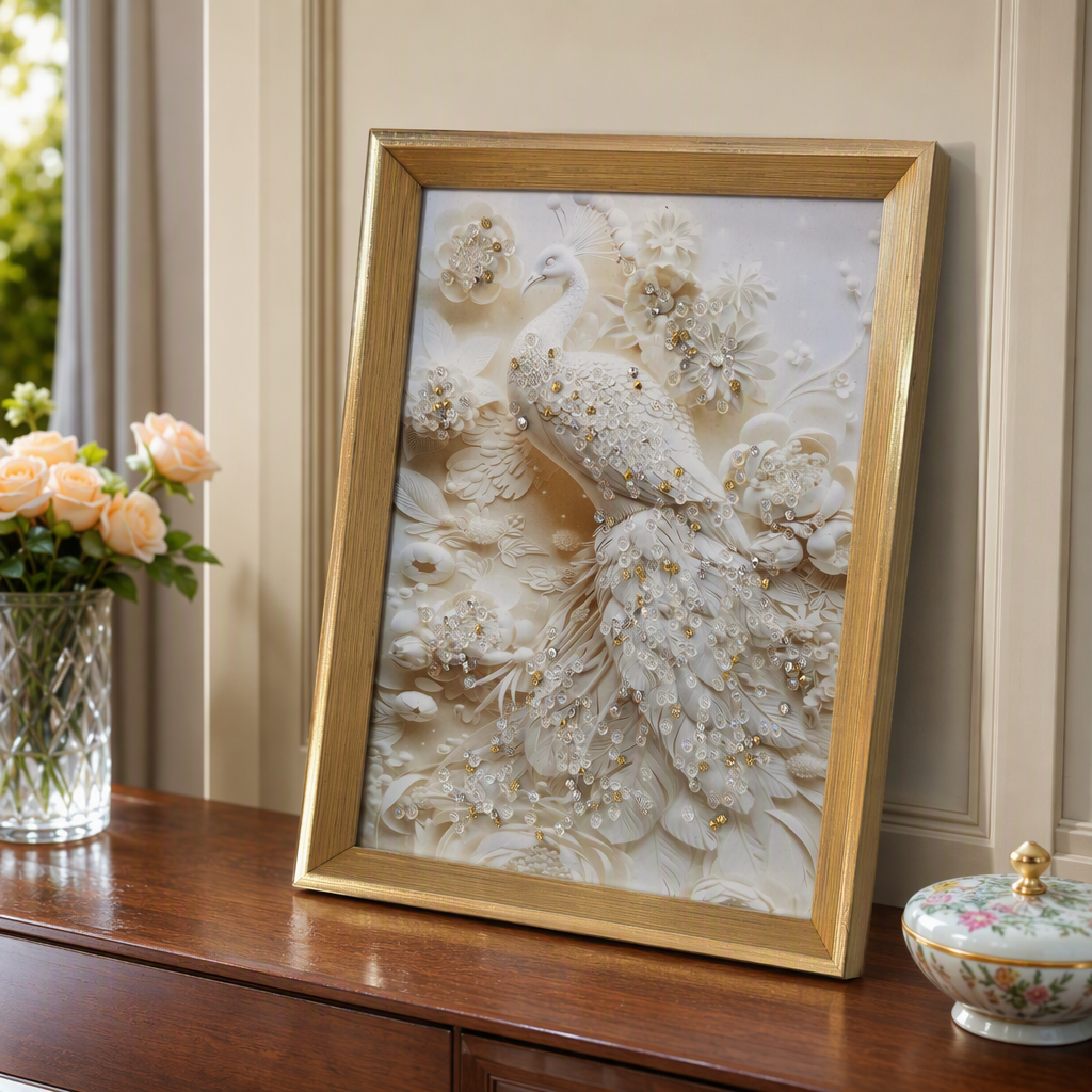 金色边框装饰画+孔雀花卉浮雕画产品图