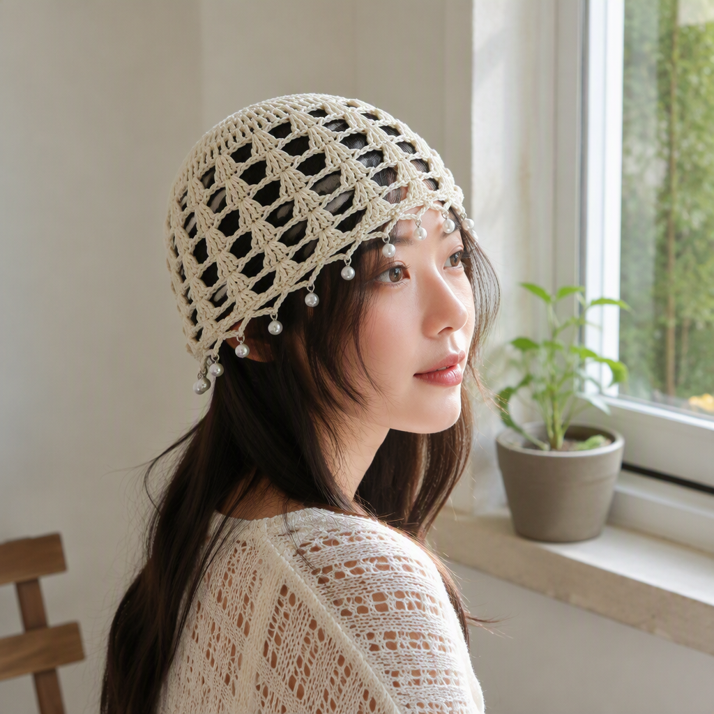 Four-color crochet hat with pearl trim is a warm and fashionable women's hat for autumn and winter, which is trendy and versatile details Picture