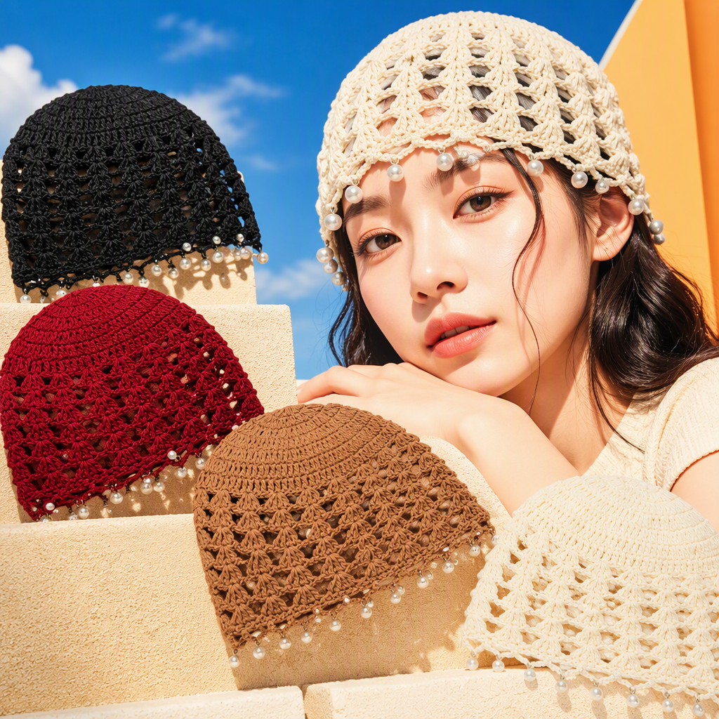 Four-color crochet hat with pearl trim is a warm and fashionable women's hat for autumn and winter, which is trendy and versatile Specification image