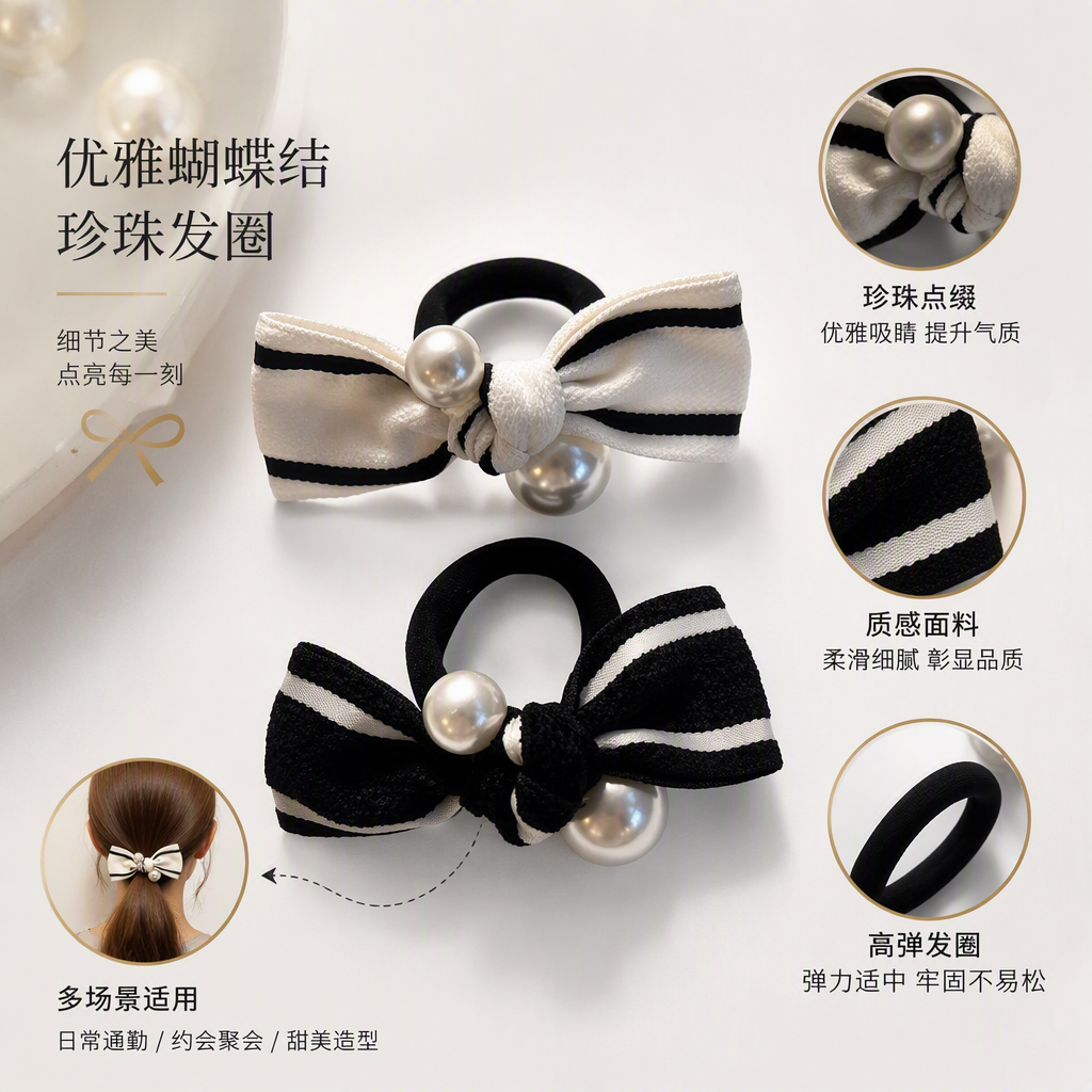Fashionable black and white striped pearl bow hair tie, versatile hair accessory, hair accessory, headwear, hair clip, hair rope, hair band, hair accessory