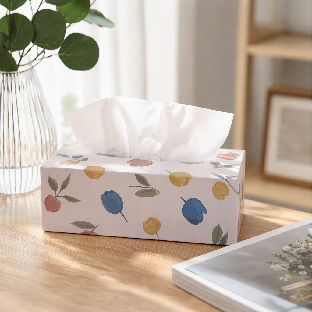 A simple and creative white tulip-patterned tissue box for home use, a pull-out tissue box for desktop decoration details Picture
