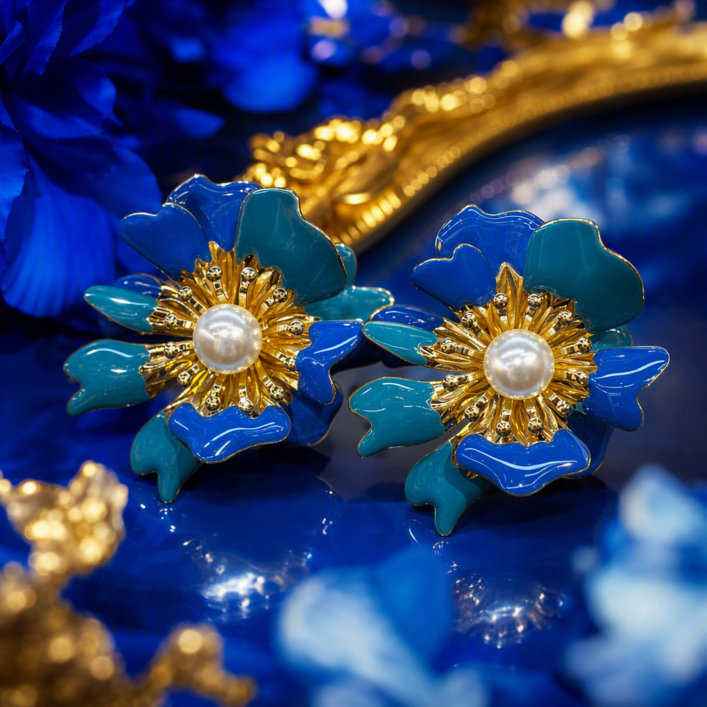 蓝色花朵耳环细节图
